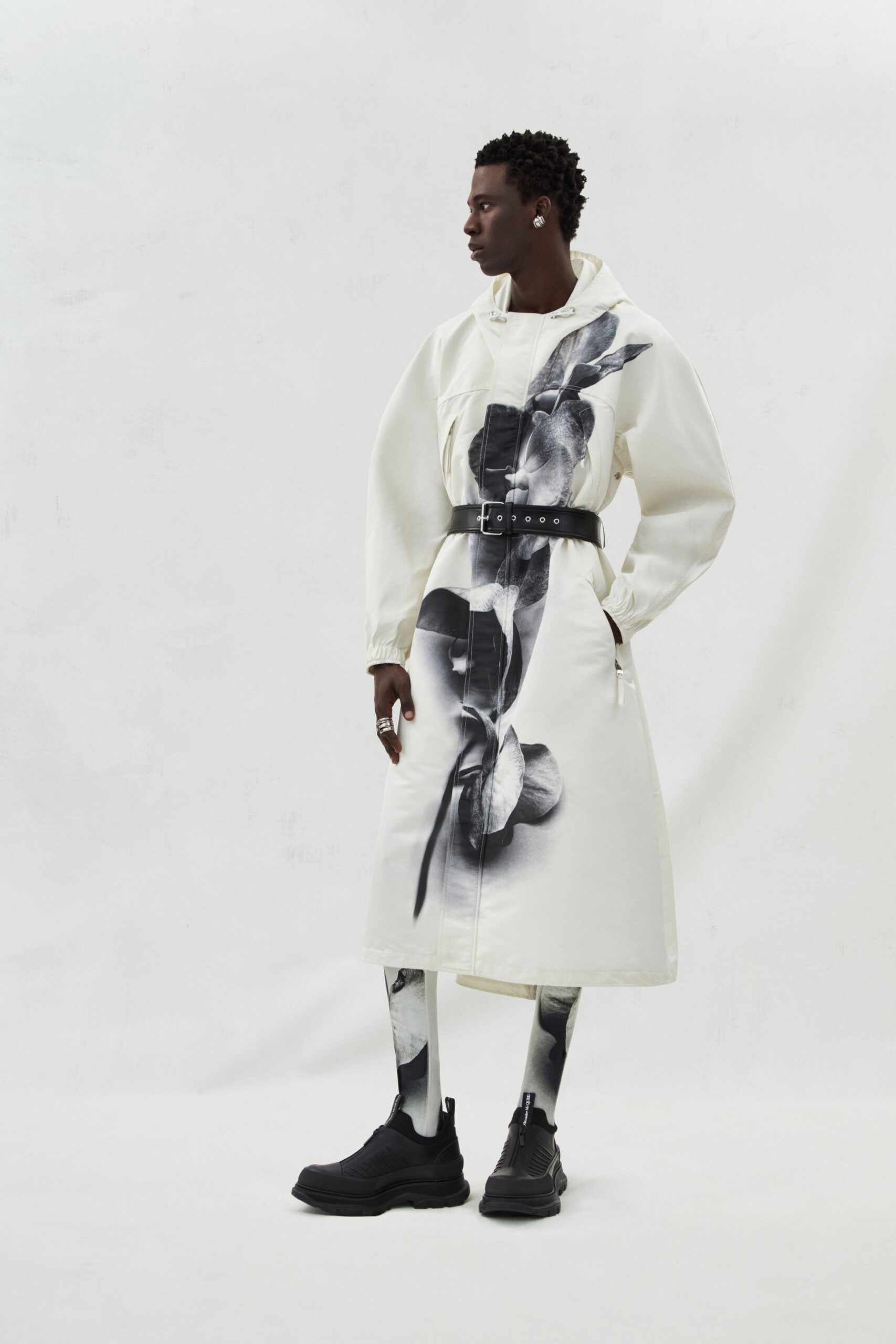 white printed coat with black pants