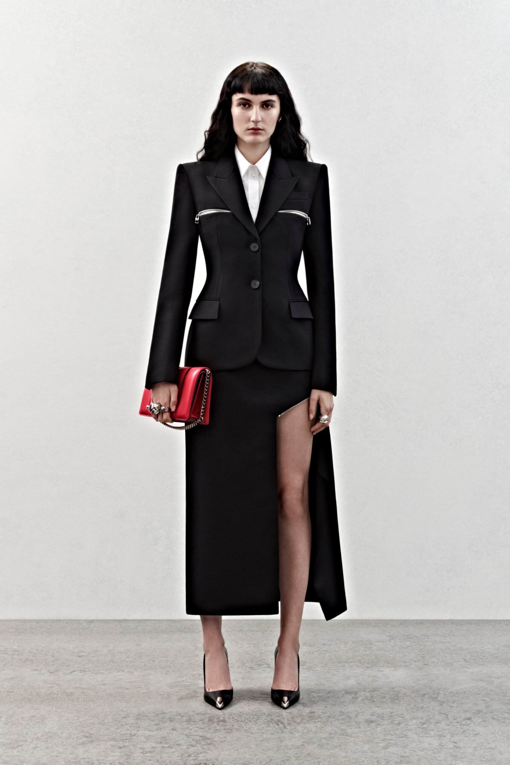 black wool long-sleeve collared fitted buttoned midi suit