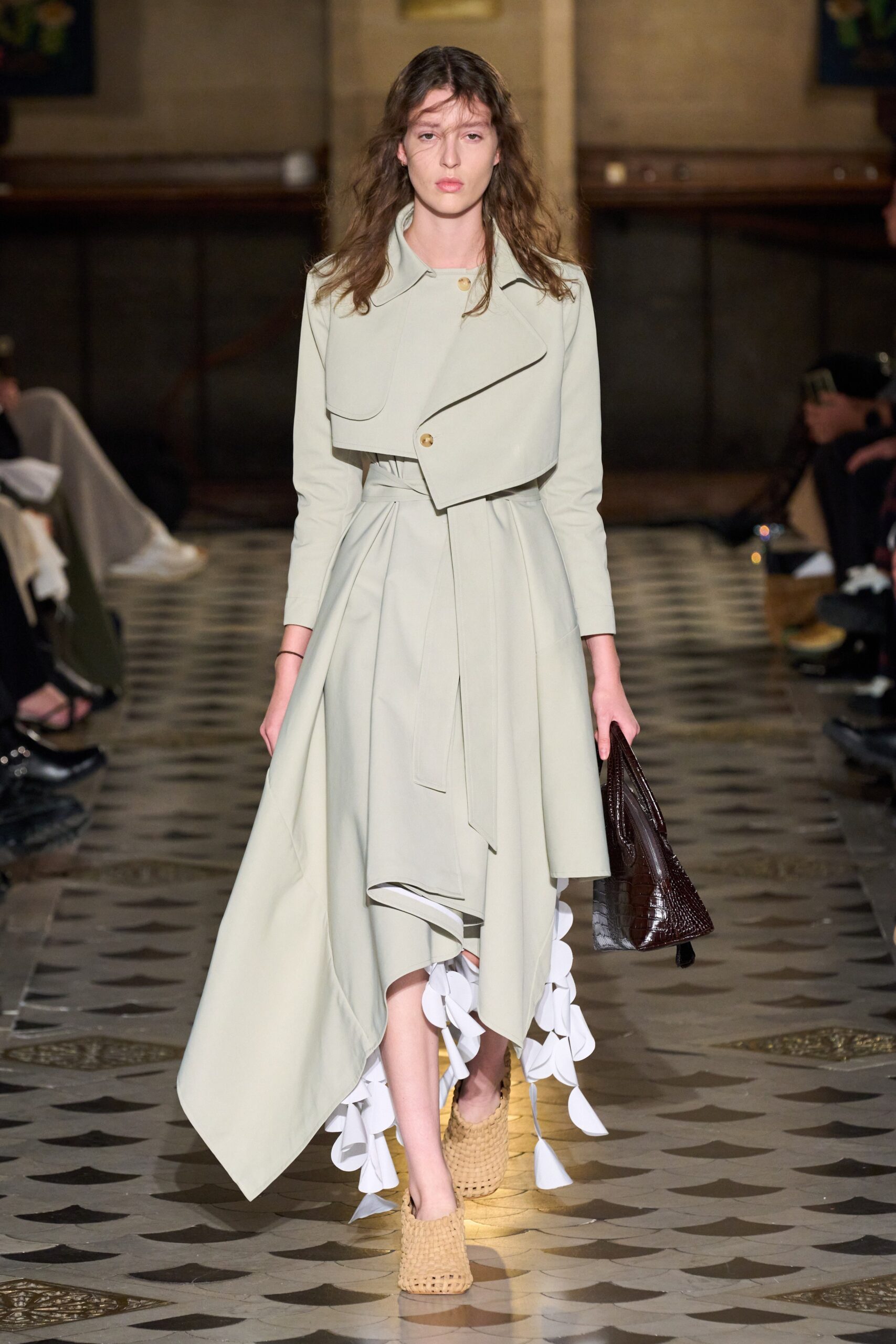green cotton long-sleeve collared structured buttoned coat