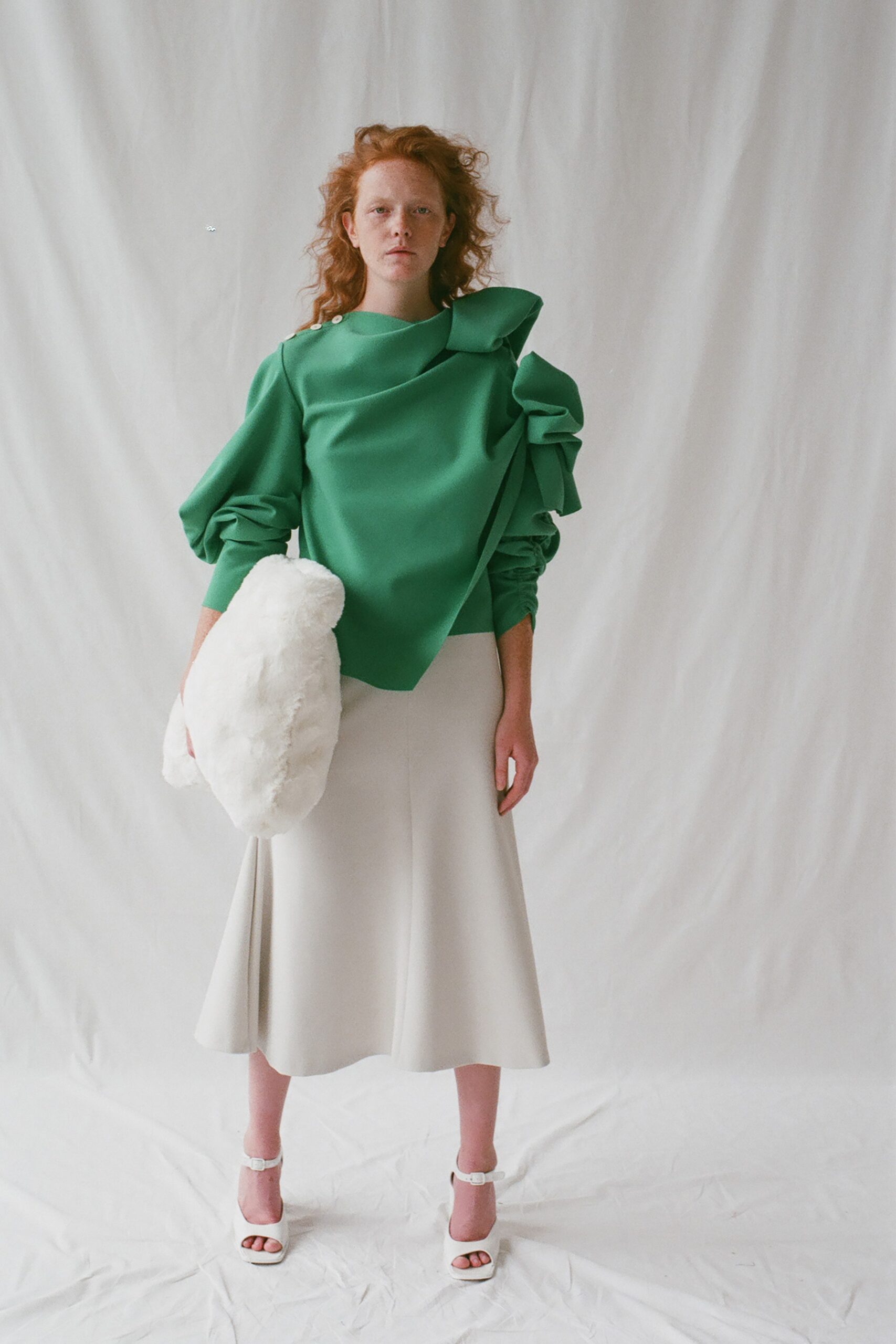 white fitted flared midi skirt