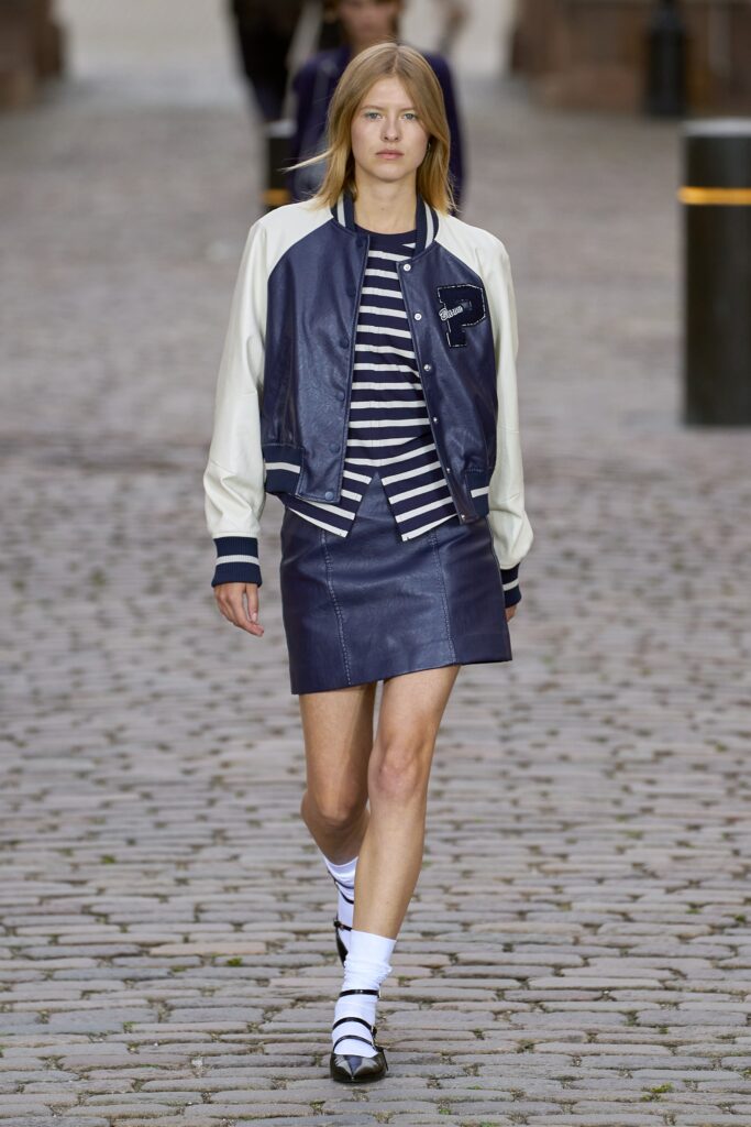 navy leather jacket with striped top