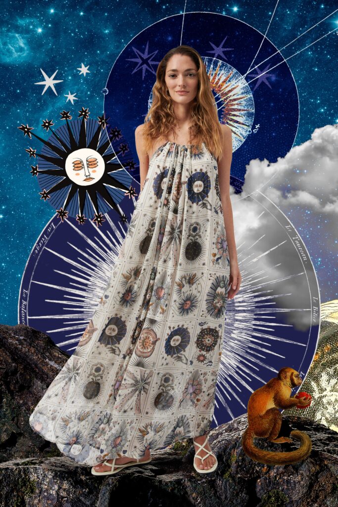A relaxed multicolor cotton maxi-dress with a sleeveless halter design and printed details.