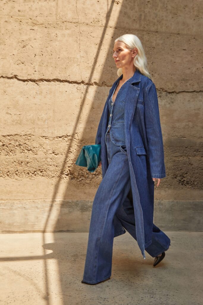 blue denim coat and jumpsuit