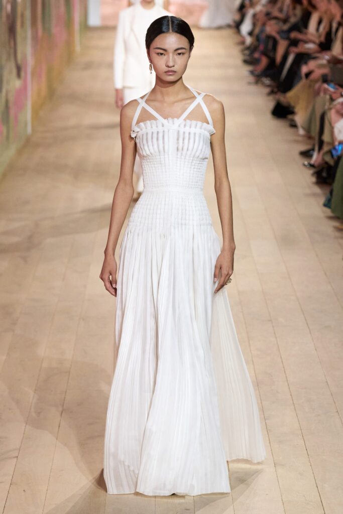 white silk pleated maxi dress