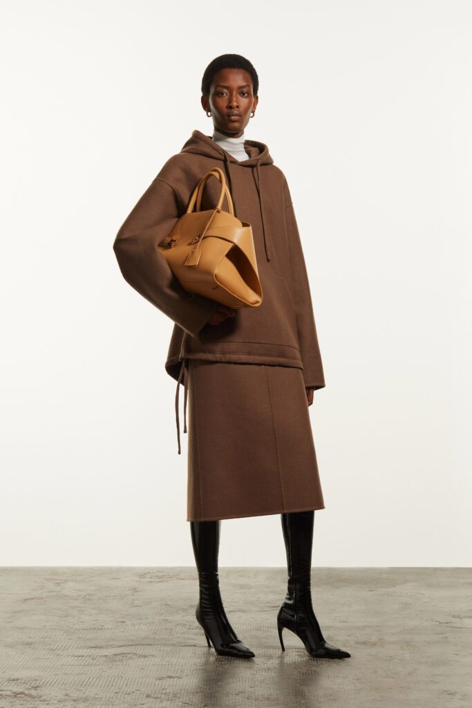 A relaxed brown wool top with a hood and a matching straight-leg skirt.