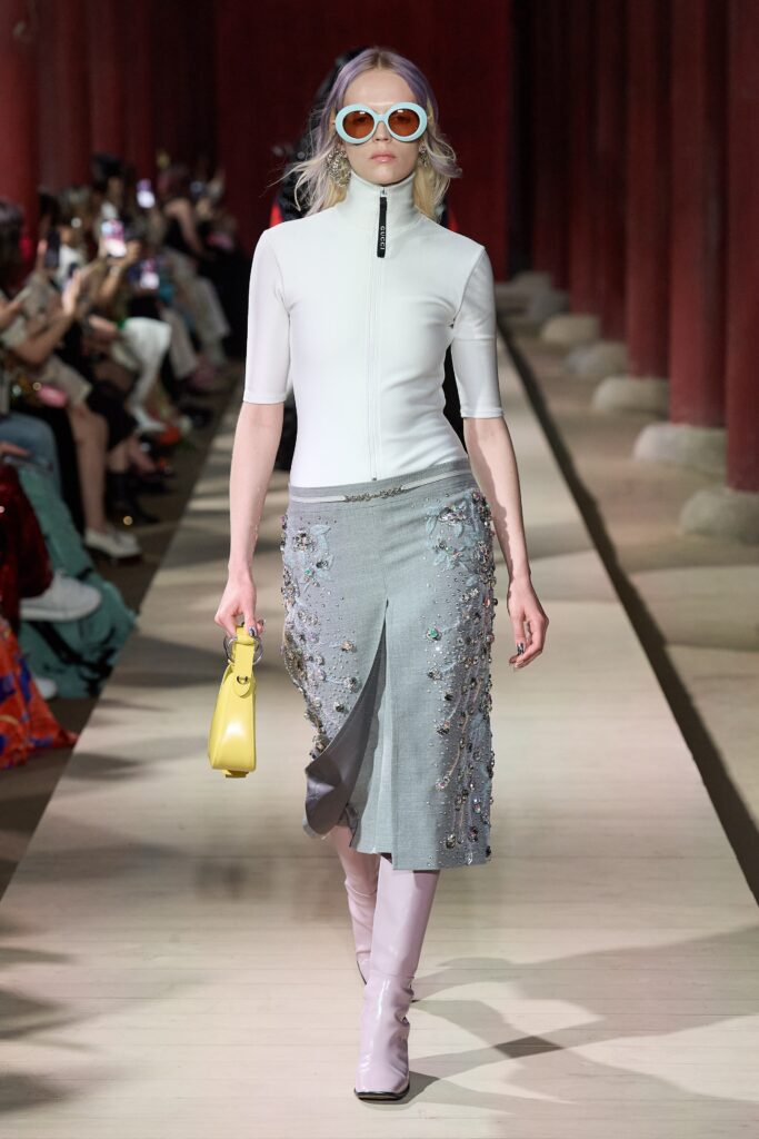 white fitted top with gray midi skirt