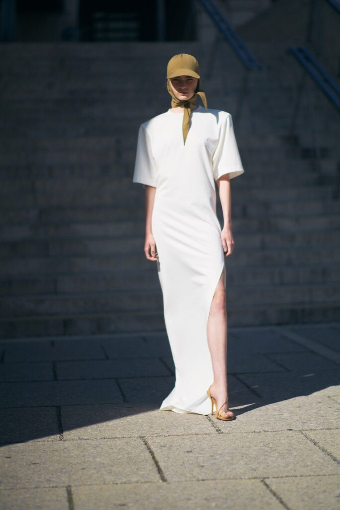 white silk fitted dress