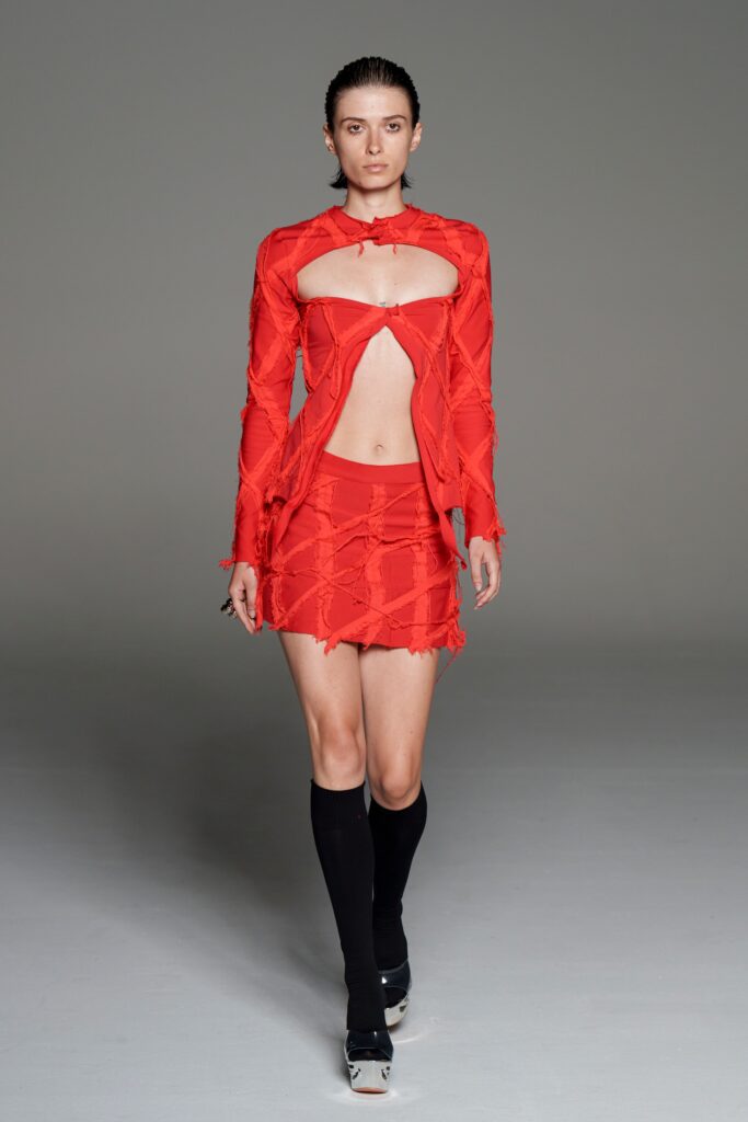 red fitted top and mini skirt