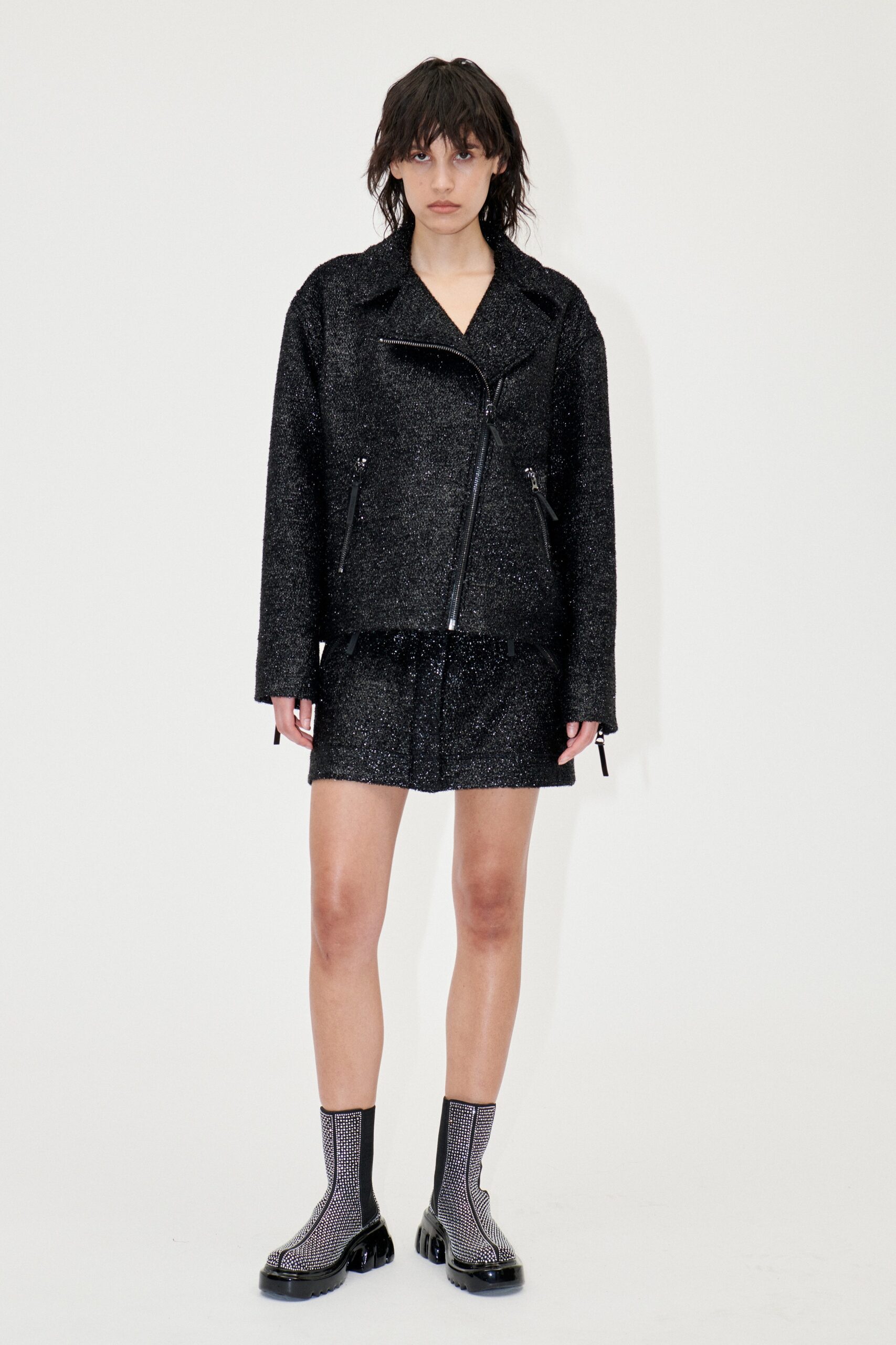 black metallic jacket and skirt