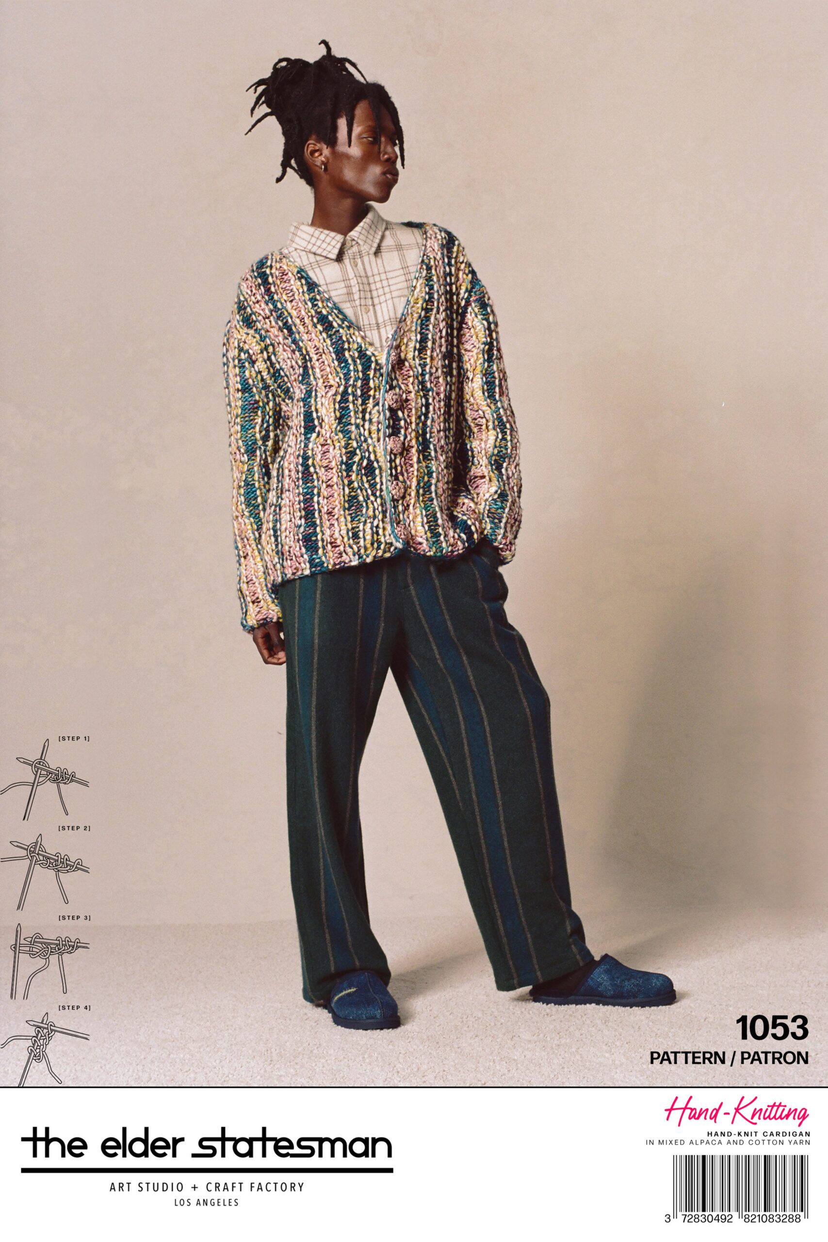 A relaxed multicolor cardigan with long sleeves paired with striped pants for a stylish look.