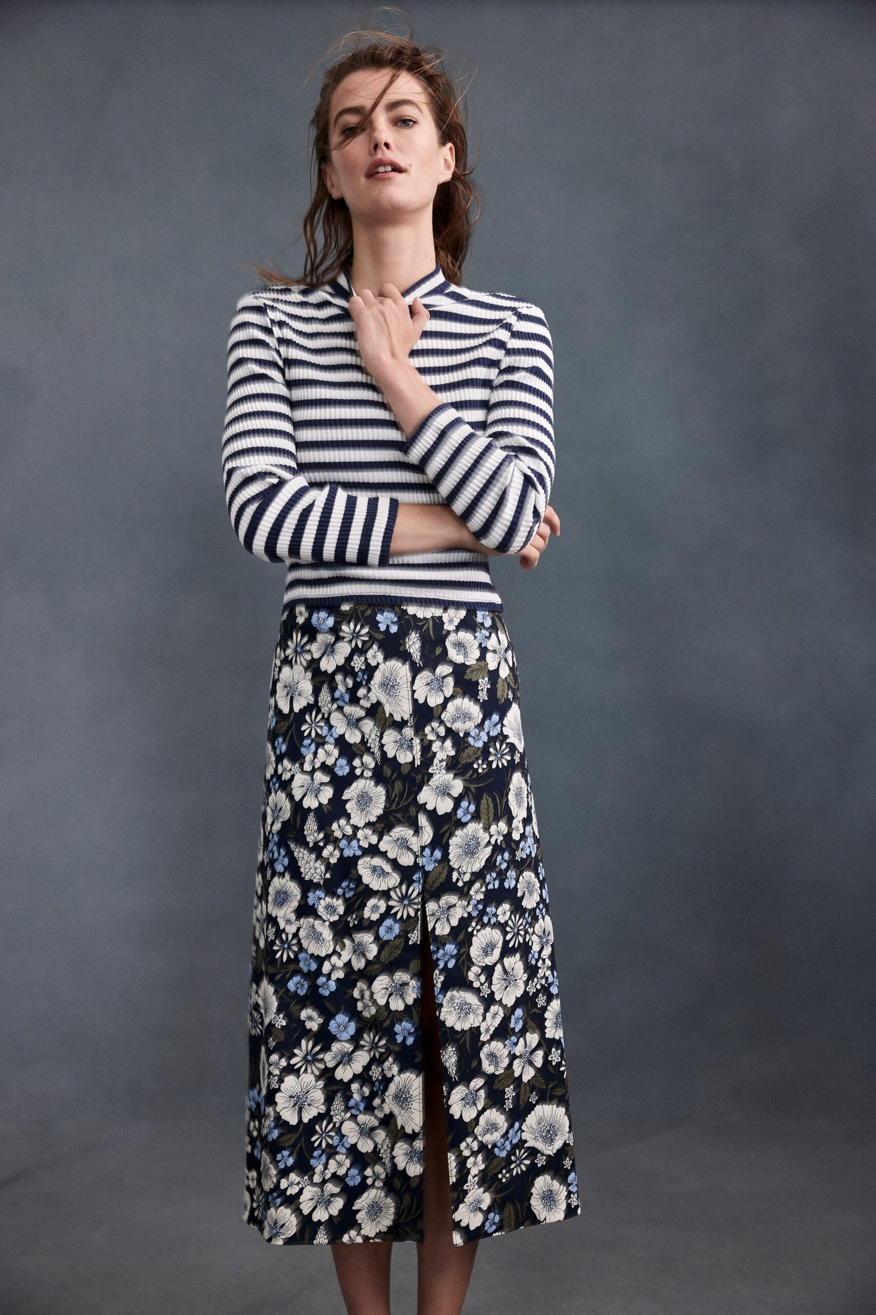 striped top and floral skirt