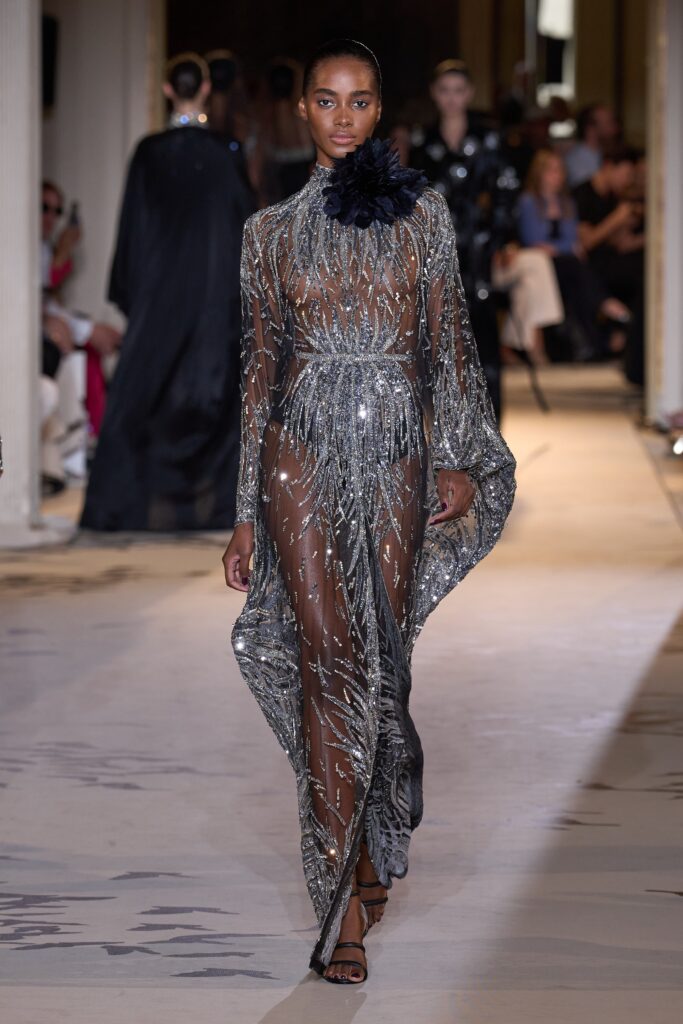 A fitted sheer dress with long sleeves, a V-neckline, and an asymmetric layered design.