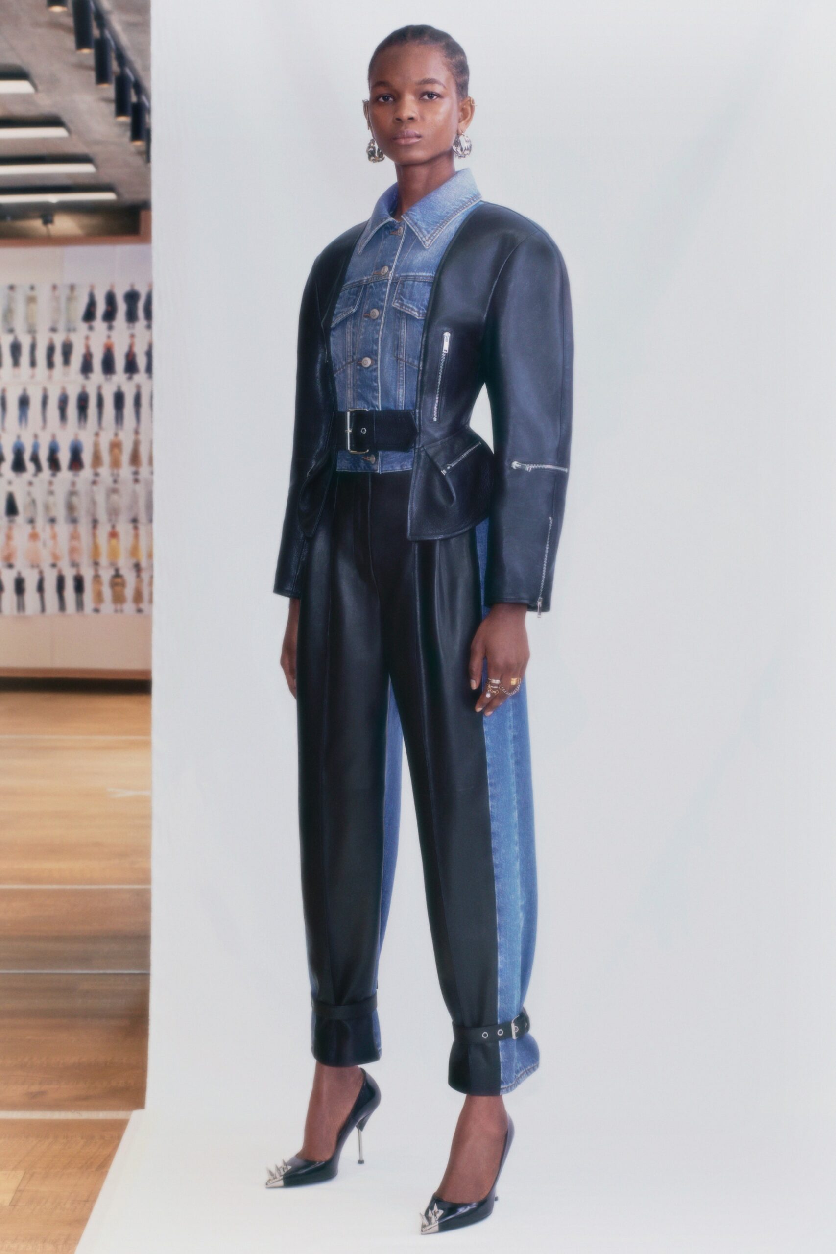 black denim long-sleeve collared tailored zippered buttoned jacket