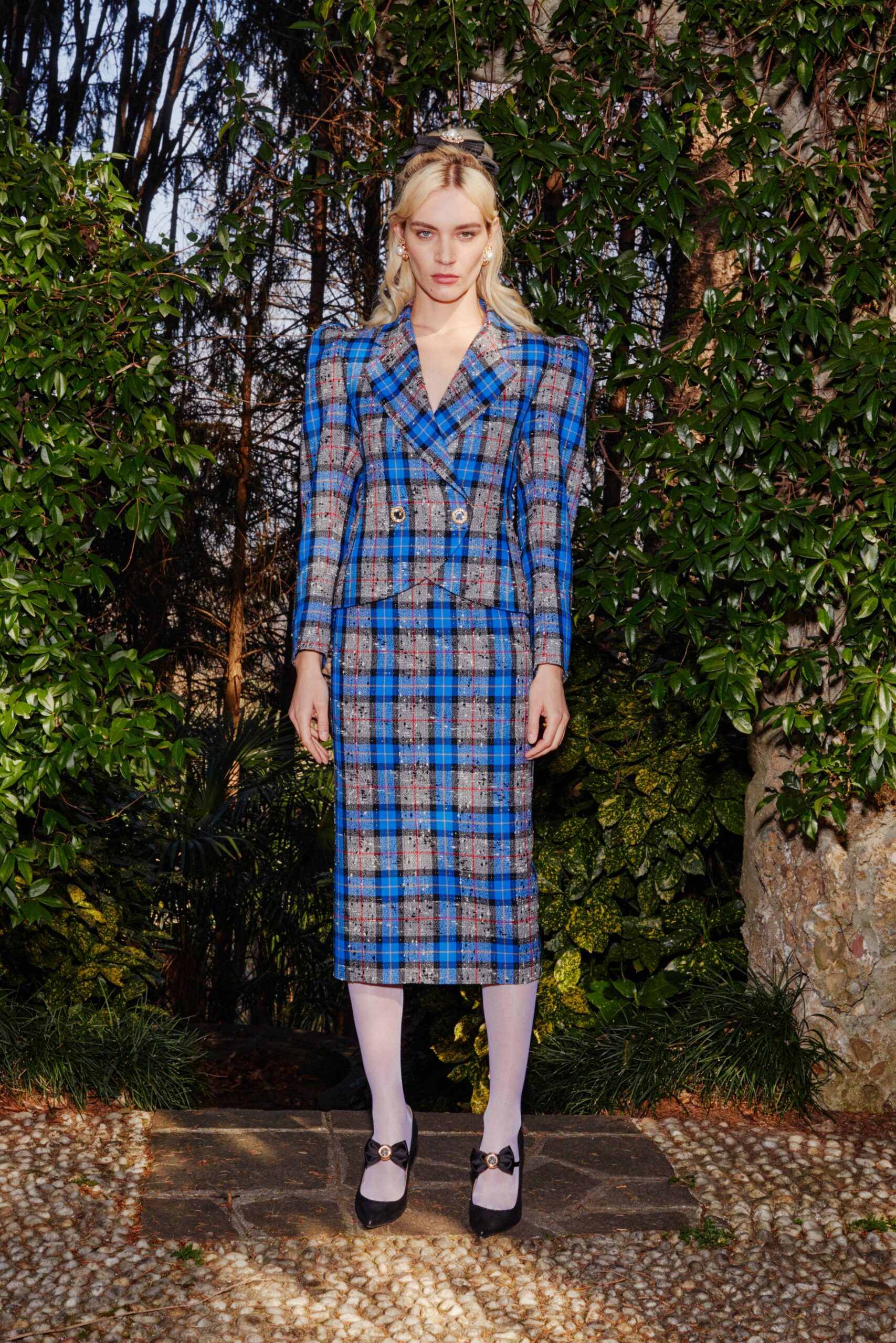 blue checked tailored suit