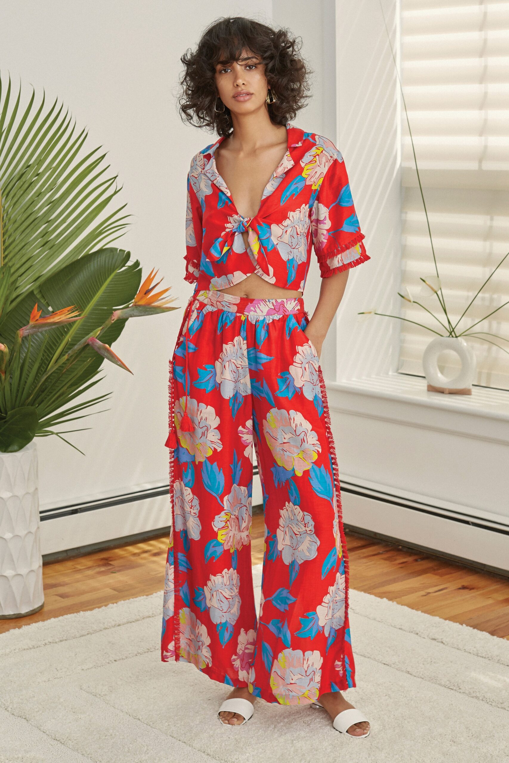 floral red tie-front top with wide-leg pants