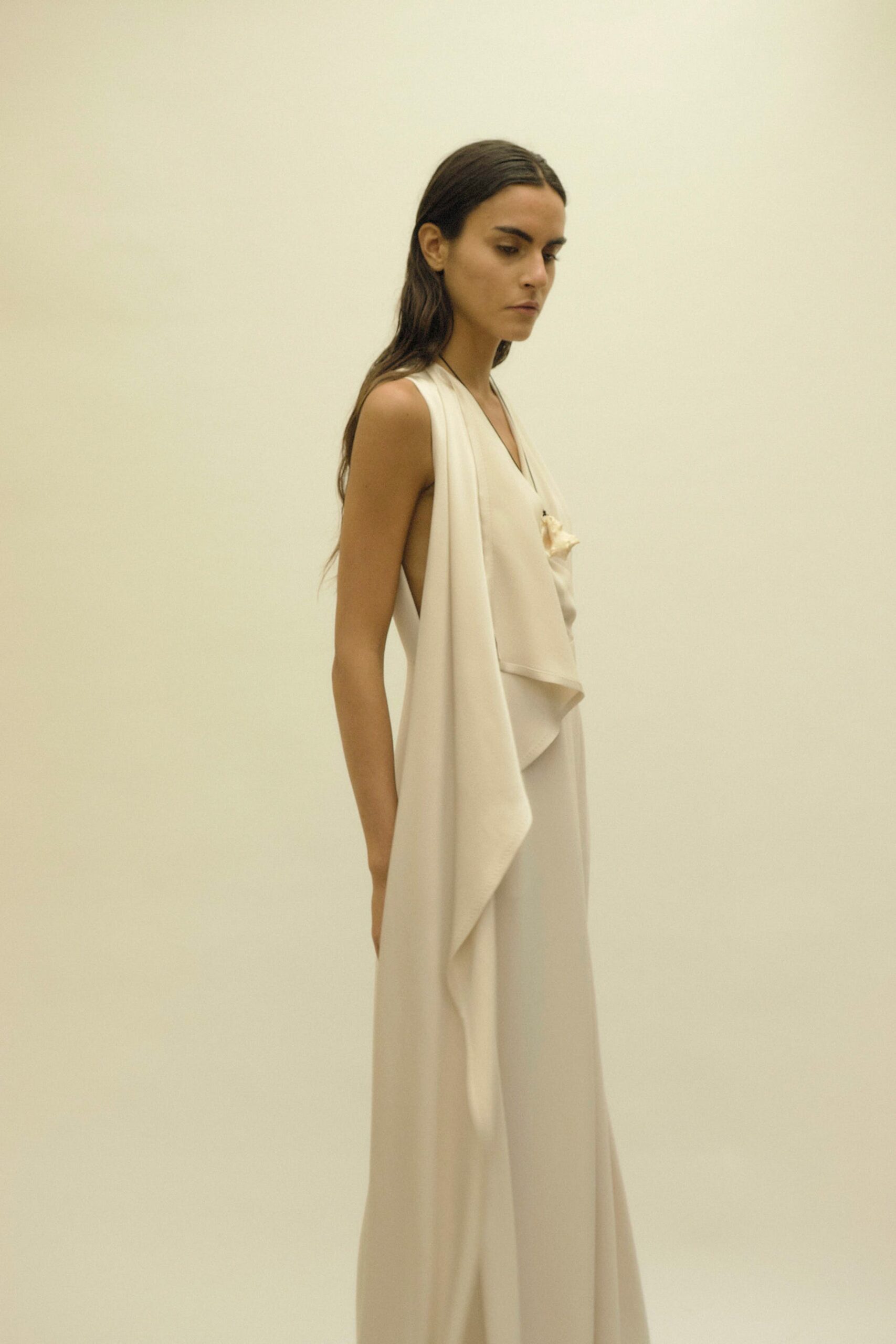 beige silk sleeveless dress