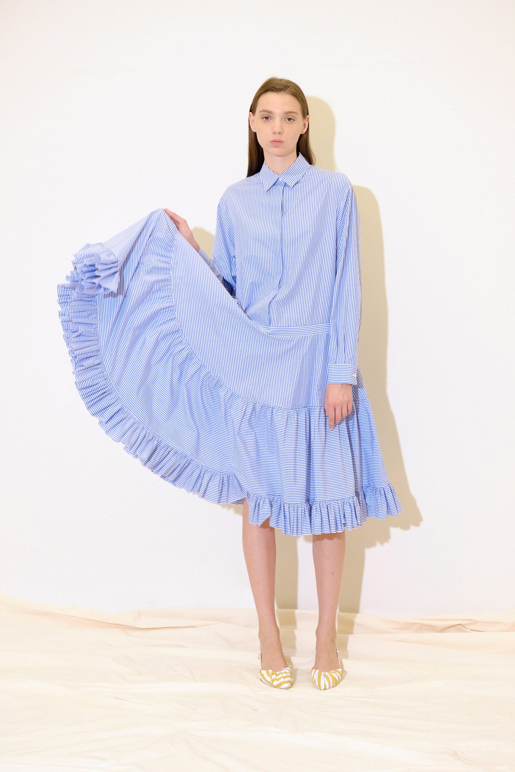 blue cotton long-sleeve collared relaxed pleated ruffled shirt-dress