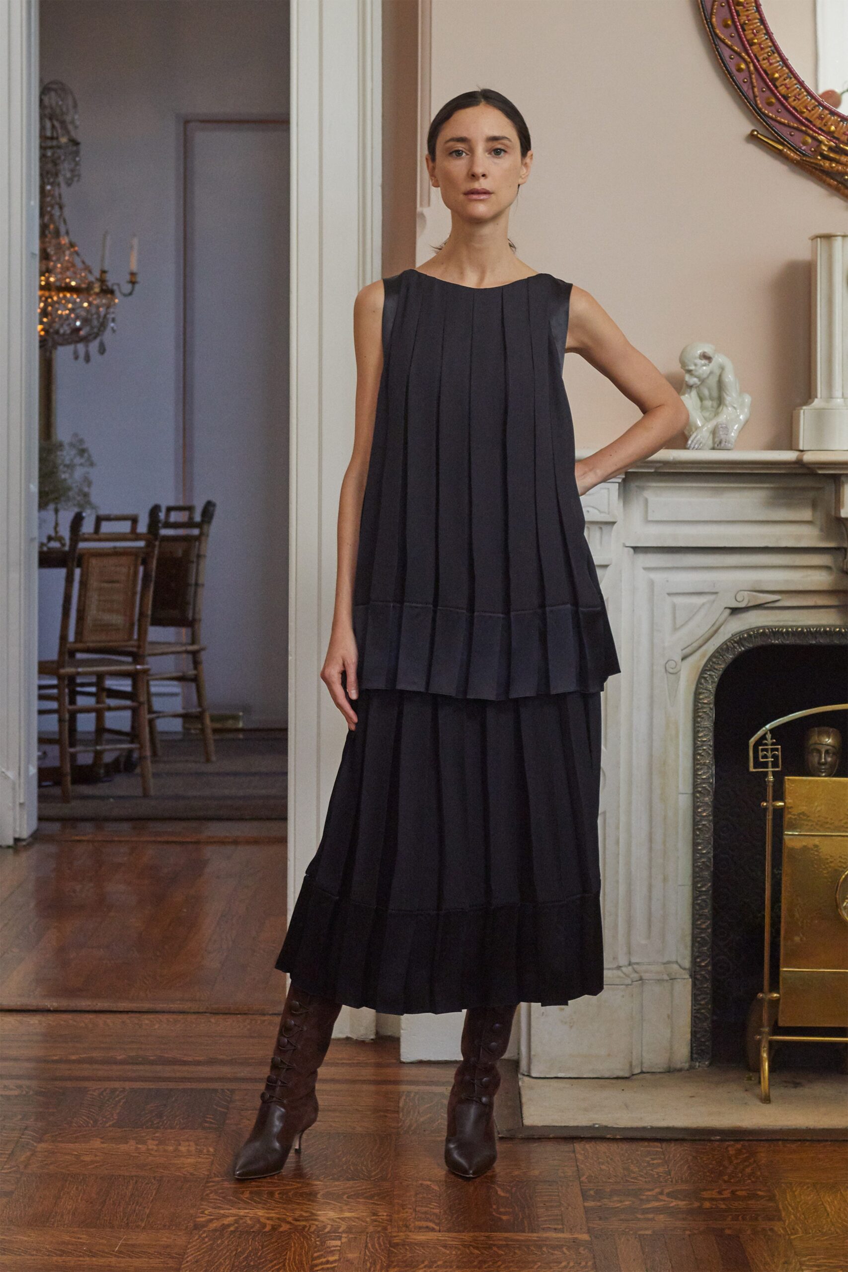 black silk sleeveless v-neck fitted pleated tiered dress