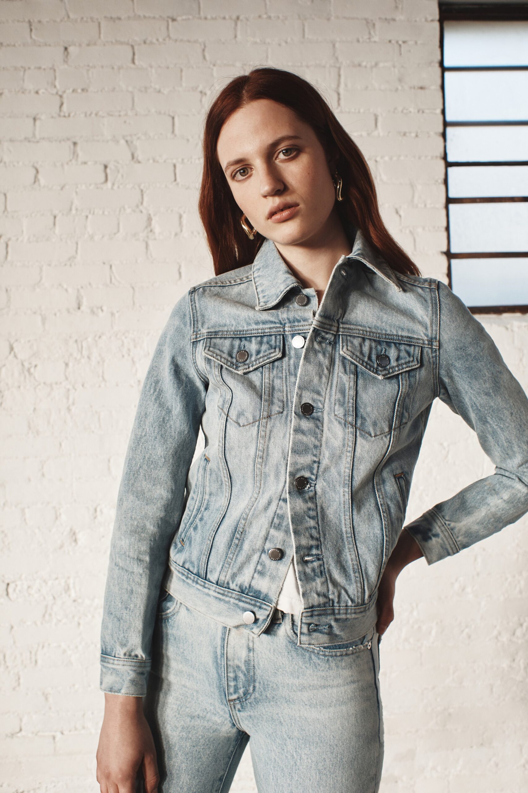 fitted denim jacket and pants