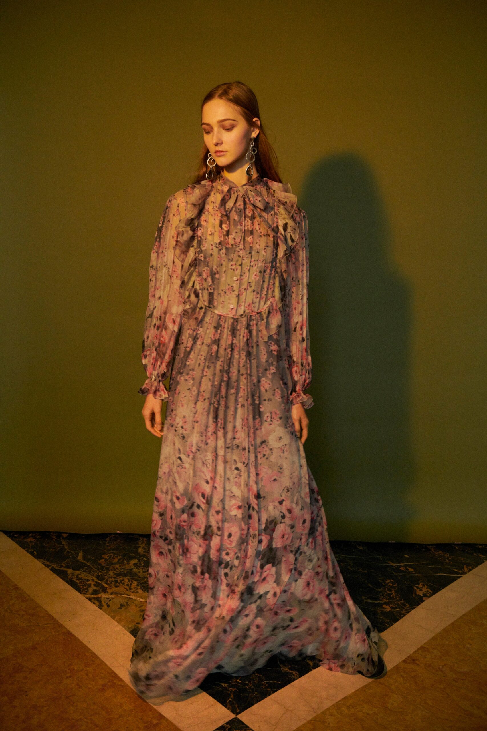 purple and pink floral gown
