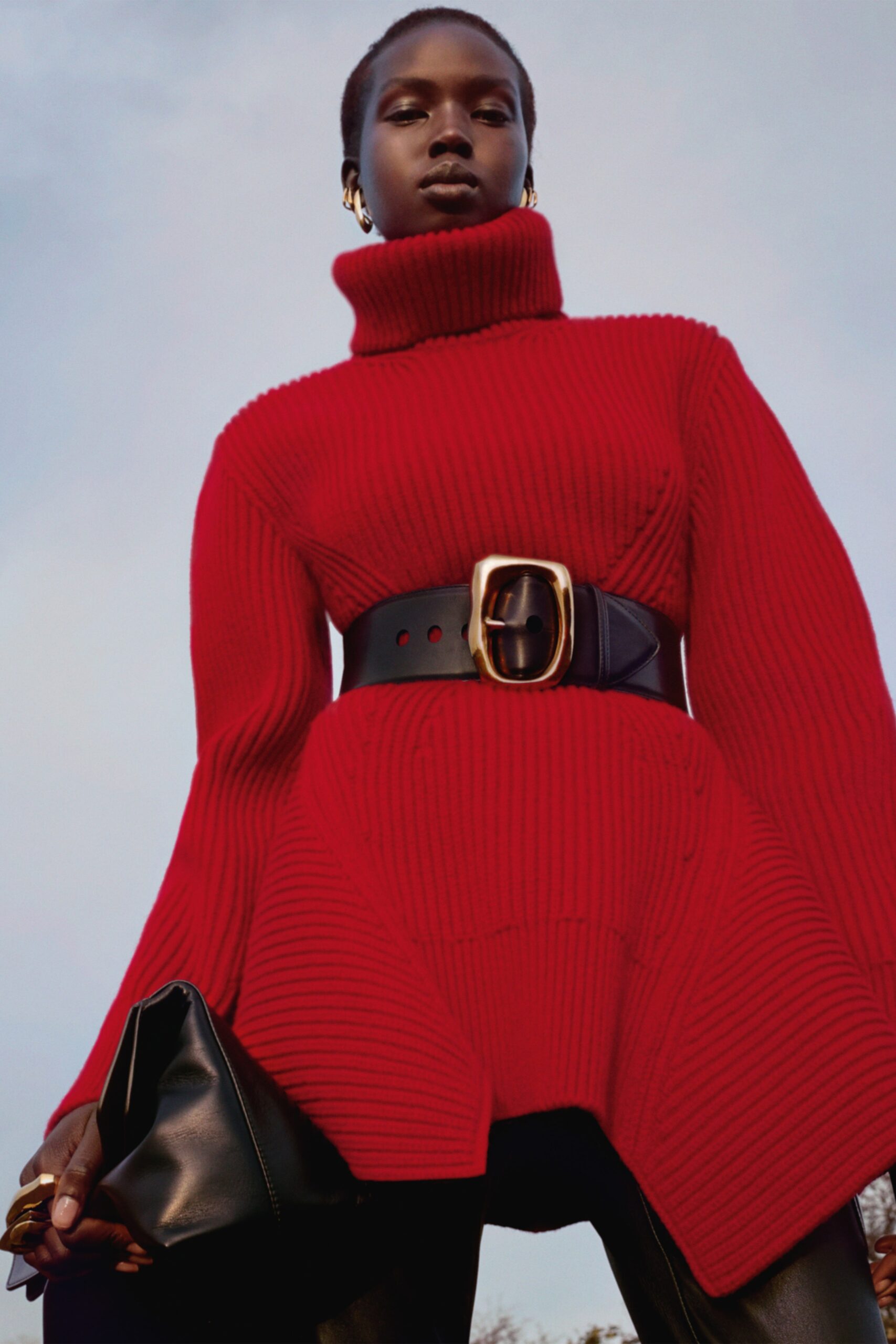 red wool long-sleeve turtleneck relaxed ribbed sweater