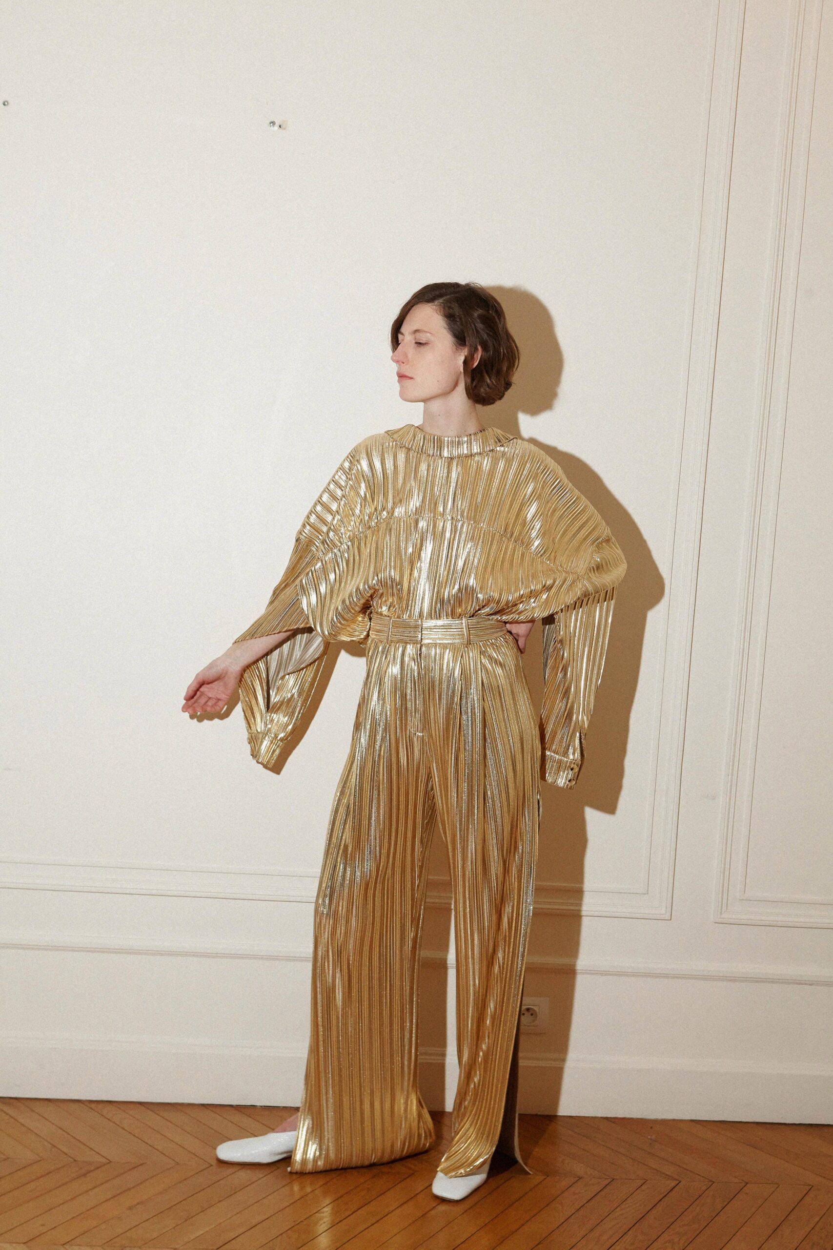 gold pleated relaxed jumpsuit