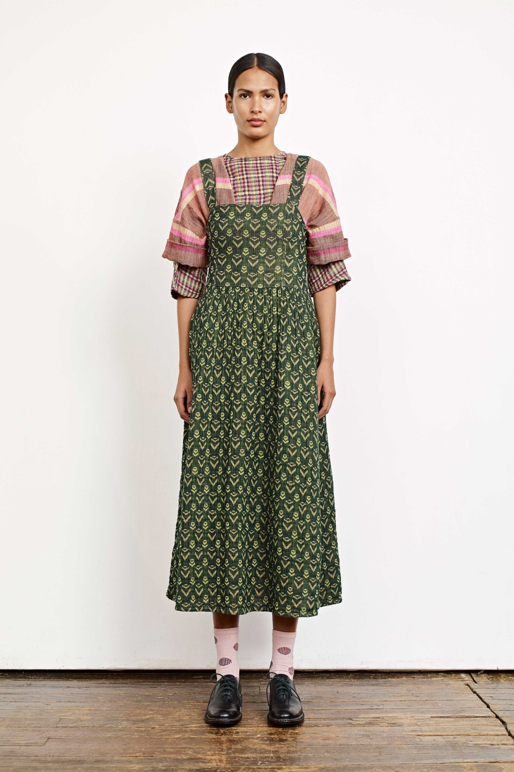 green cotton sleeveless square-neck relaxed printed tiered dress