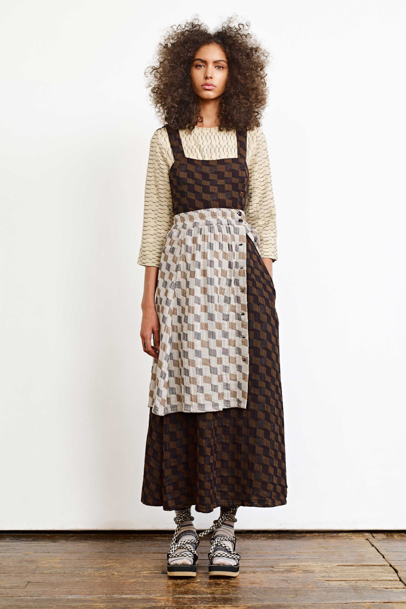 checked midi dress and beige top