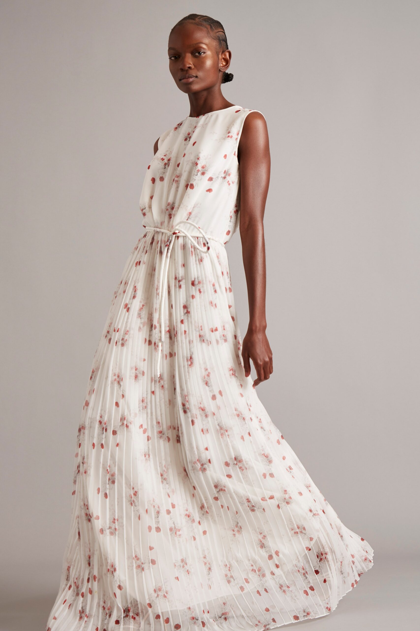 white floral pleated maxi dress