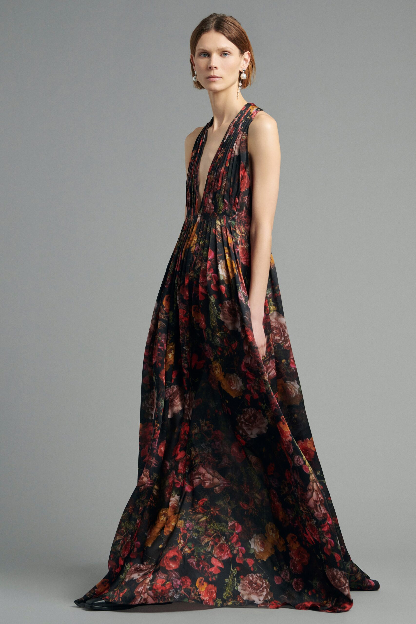 floral silk sleeveless gown