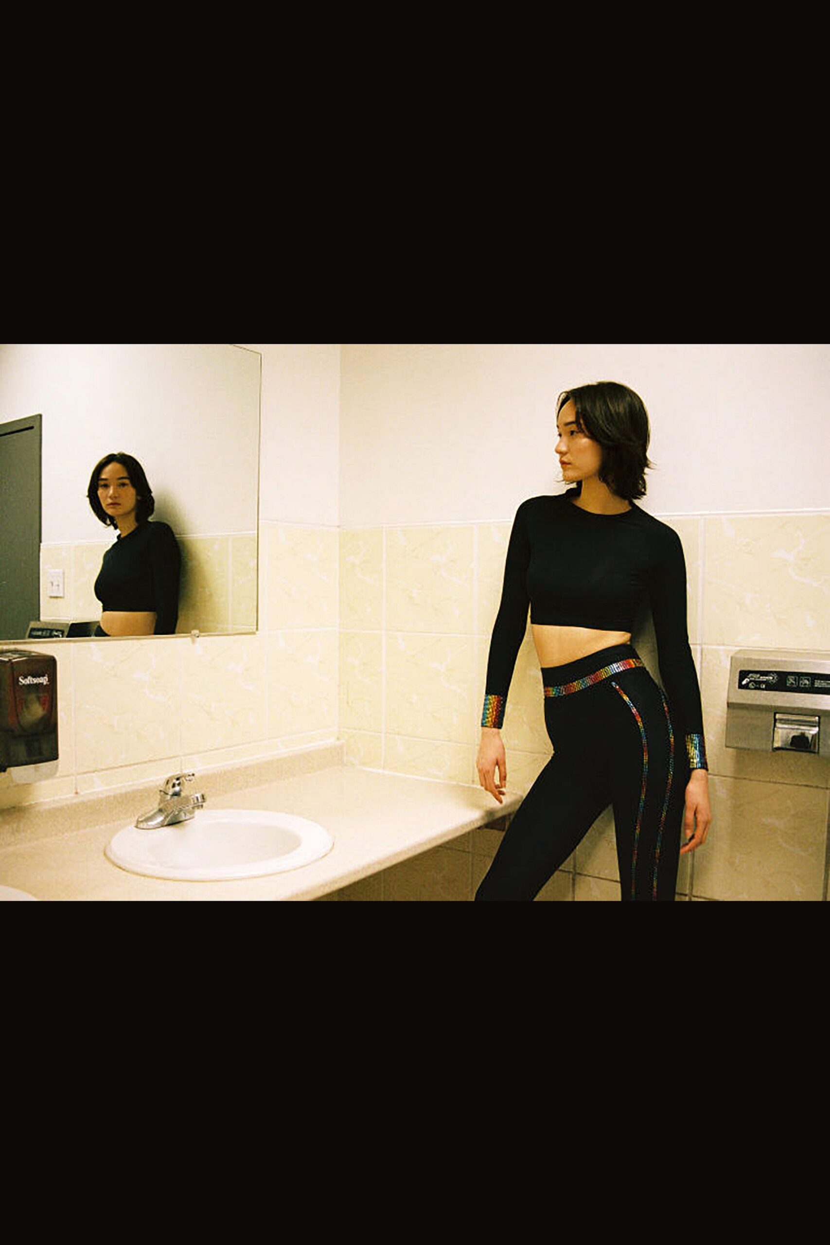 black fitted crop-top and leggings