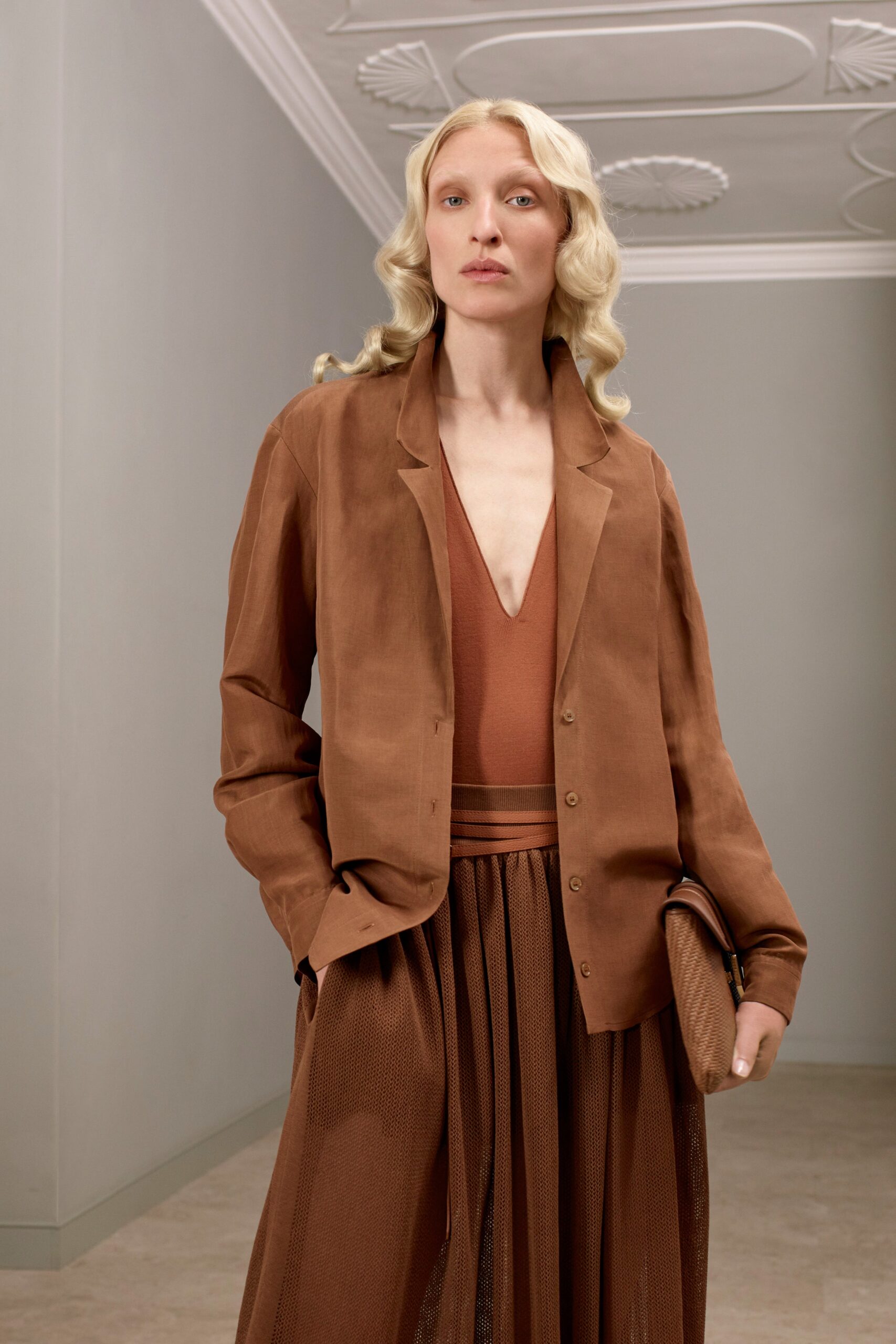 brown silk blazer and skirt