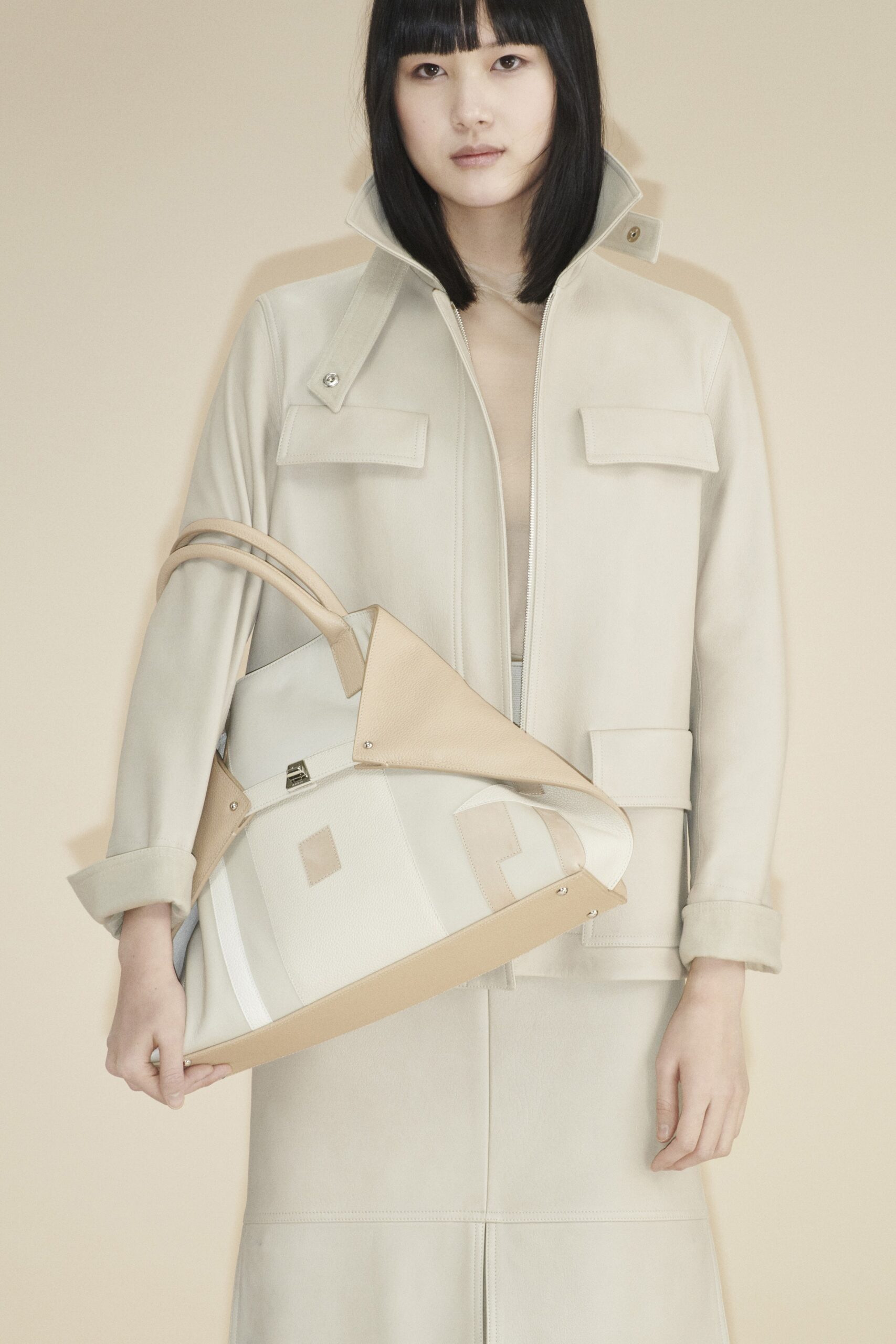 beige leather long-sleeve collared fitted buttoned pockets jacket