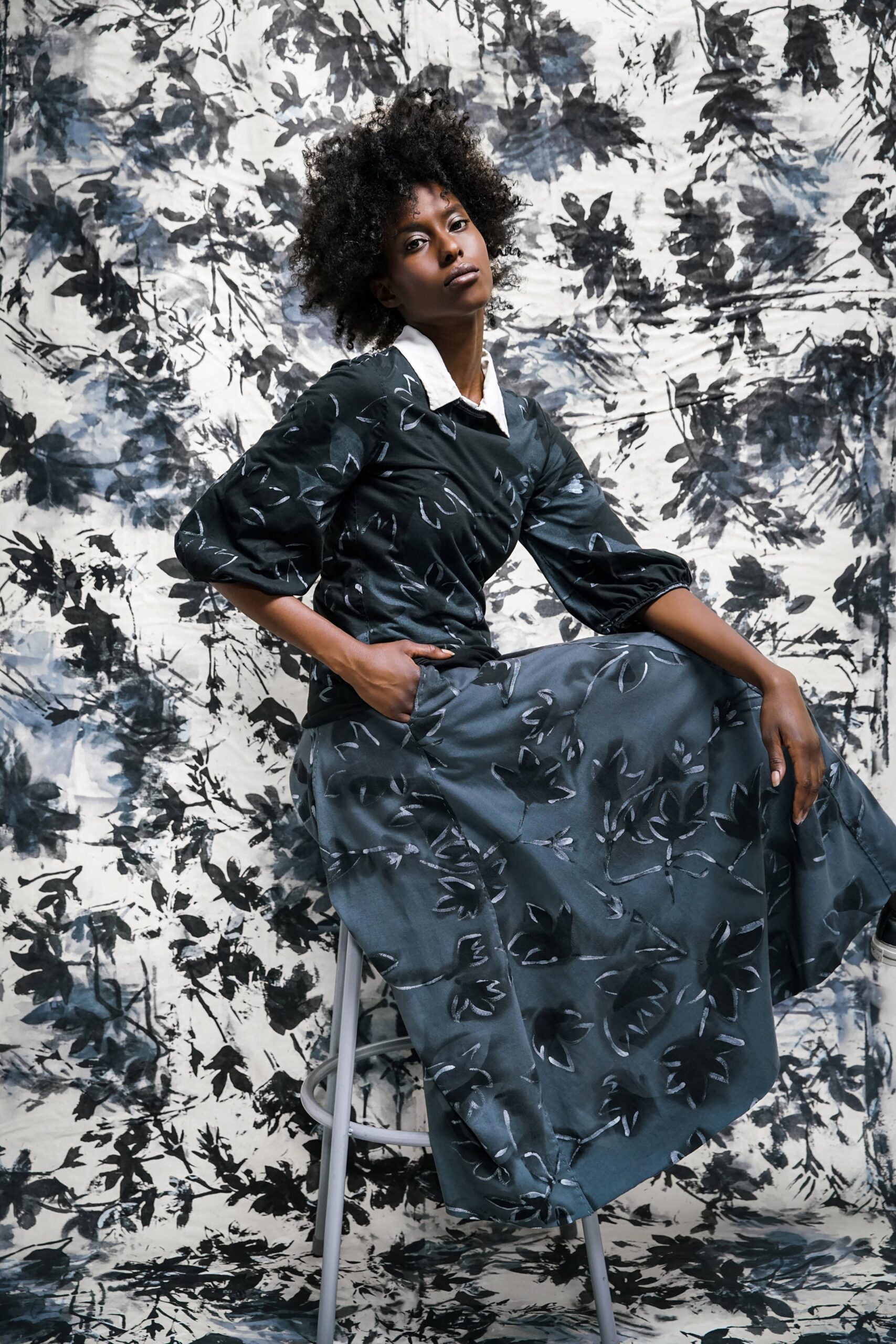 blue silk printed maxi dress