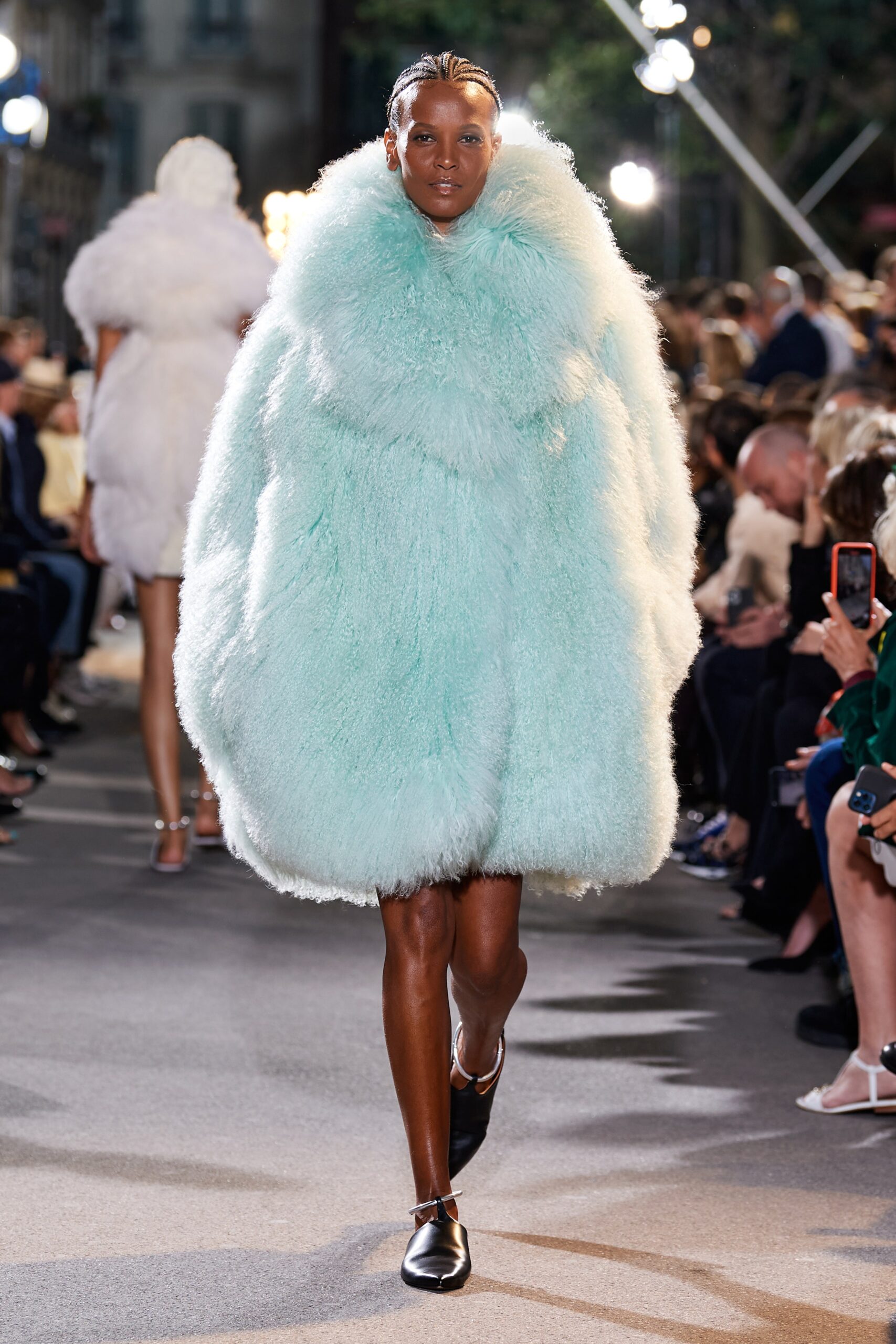 blue oversized fur coat