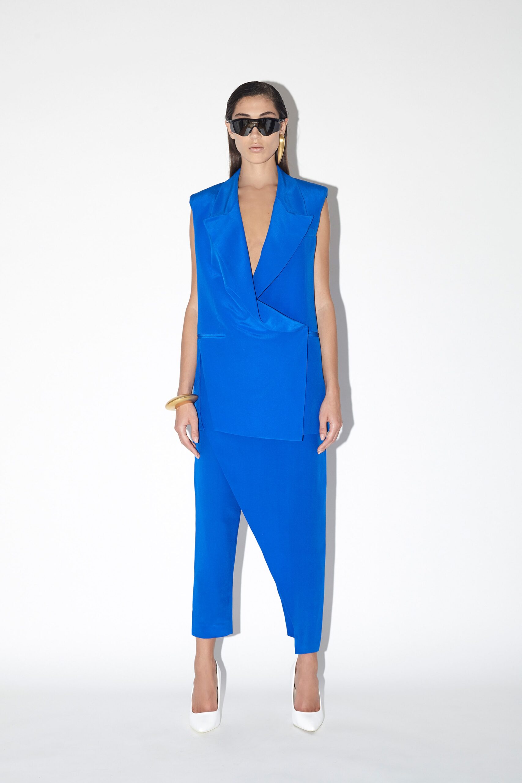 blue fitted sleeveless jumpsuit
