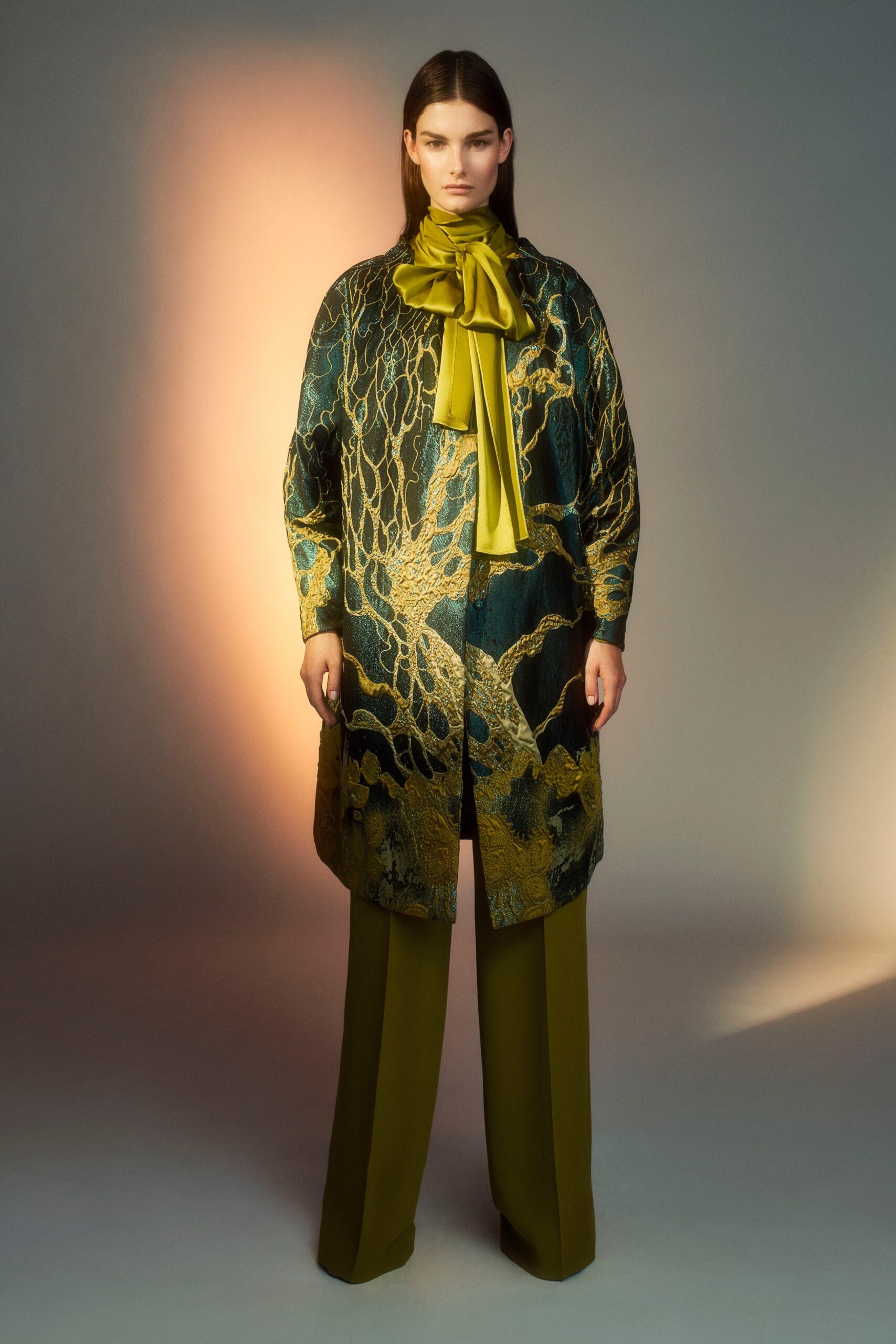green silk fitted straight-leg pants