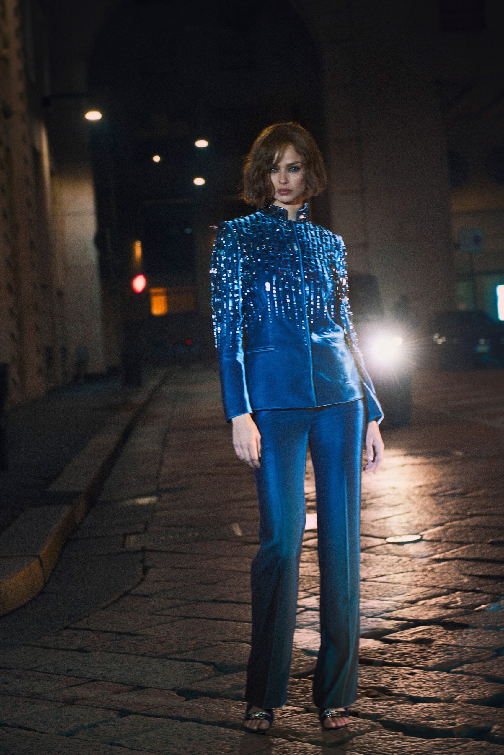 blue beaded silk blazer and pants