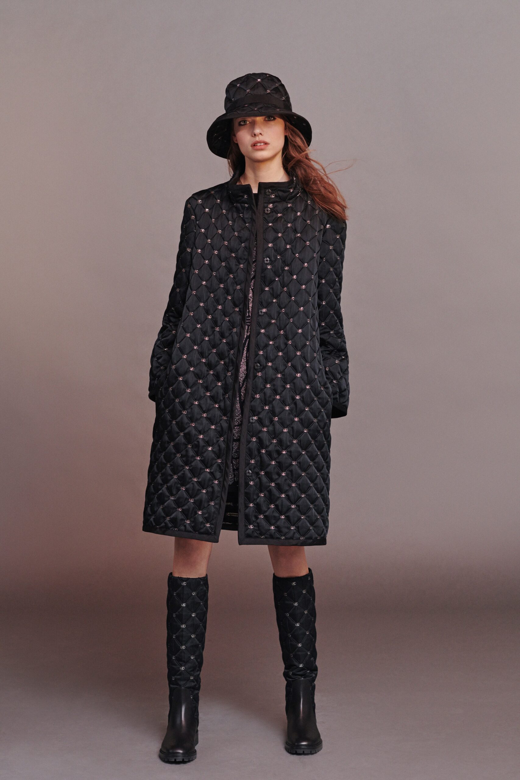 black quilted coat with hat