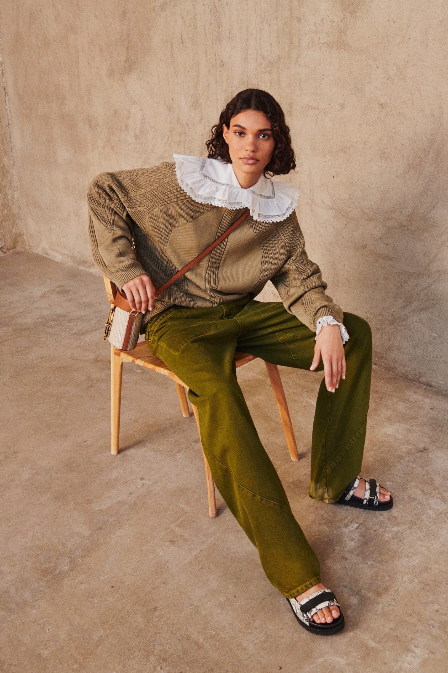 green denim relaxed wide-leg pants