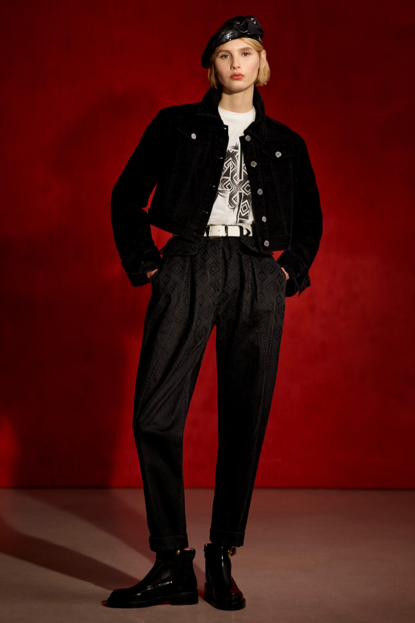 black denim jacket with t-shirt and pants
