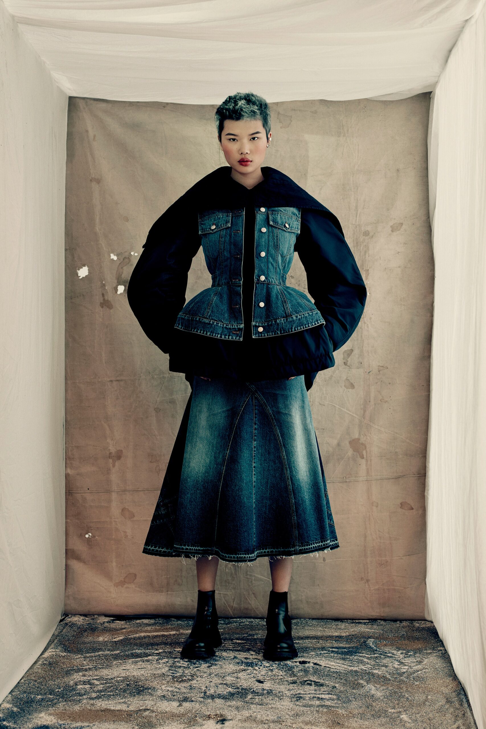 blue denim fitted jacket and skirt