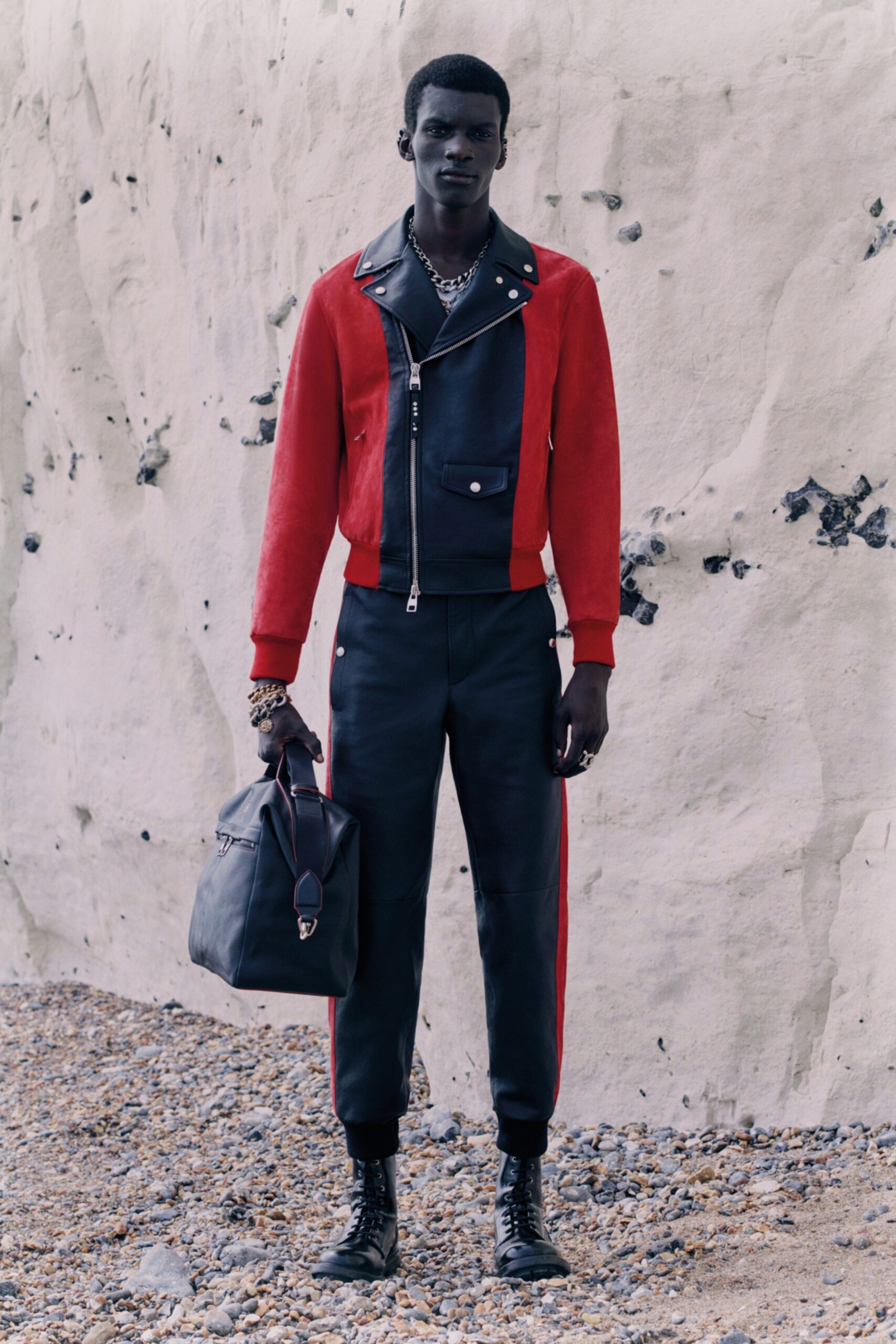 red leather jacket with black pants