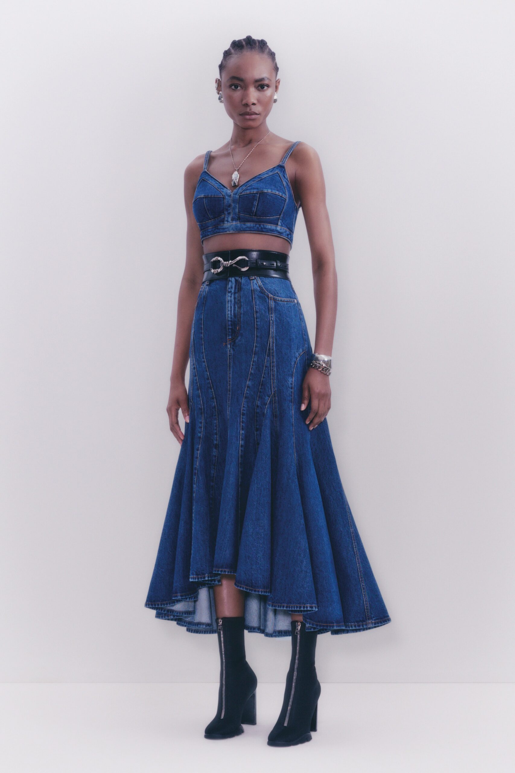 blue denim crop-top and midi skirt