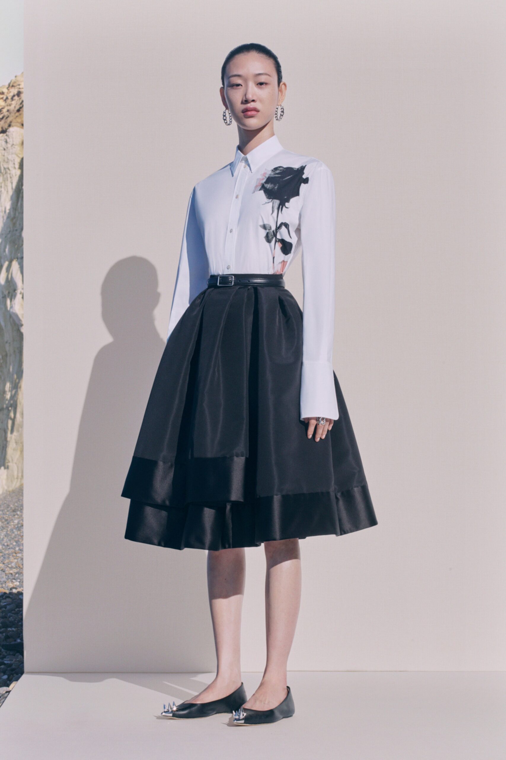black silk fitted tiered midi skirt