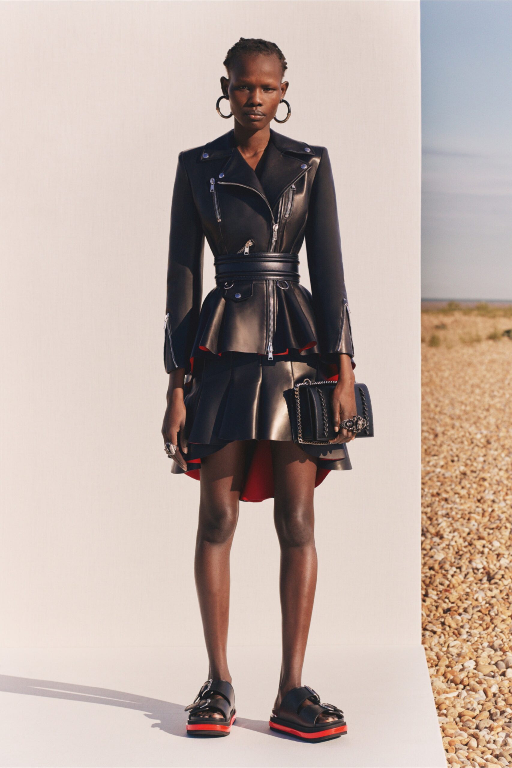 black leather long-sleeve collared fitted zippered flared jacket