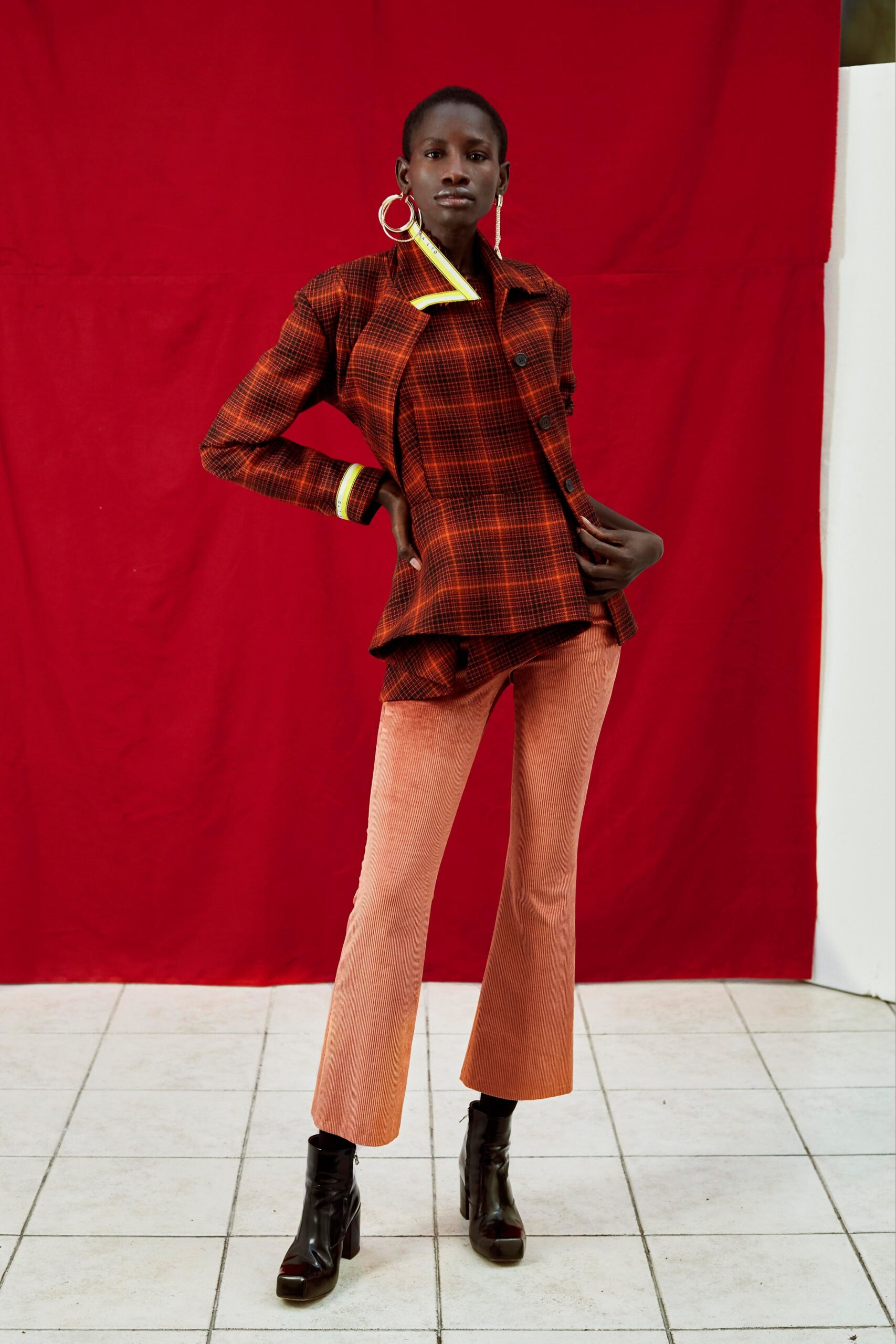 fitted checked jacket and flared pants