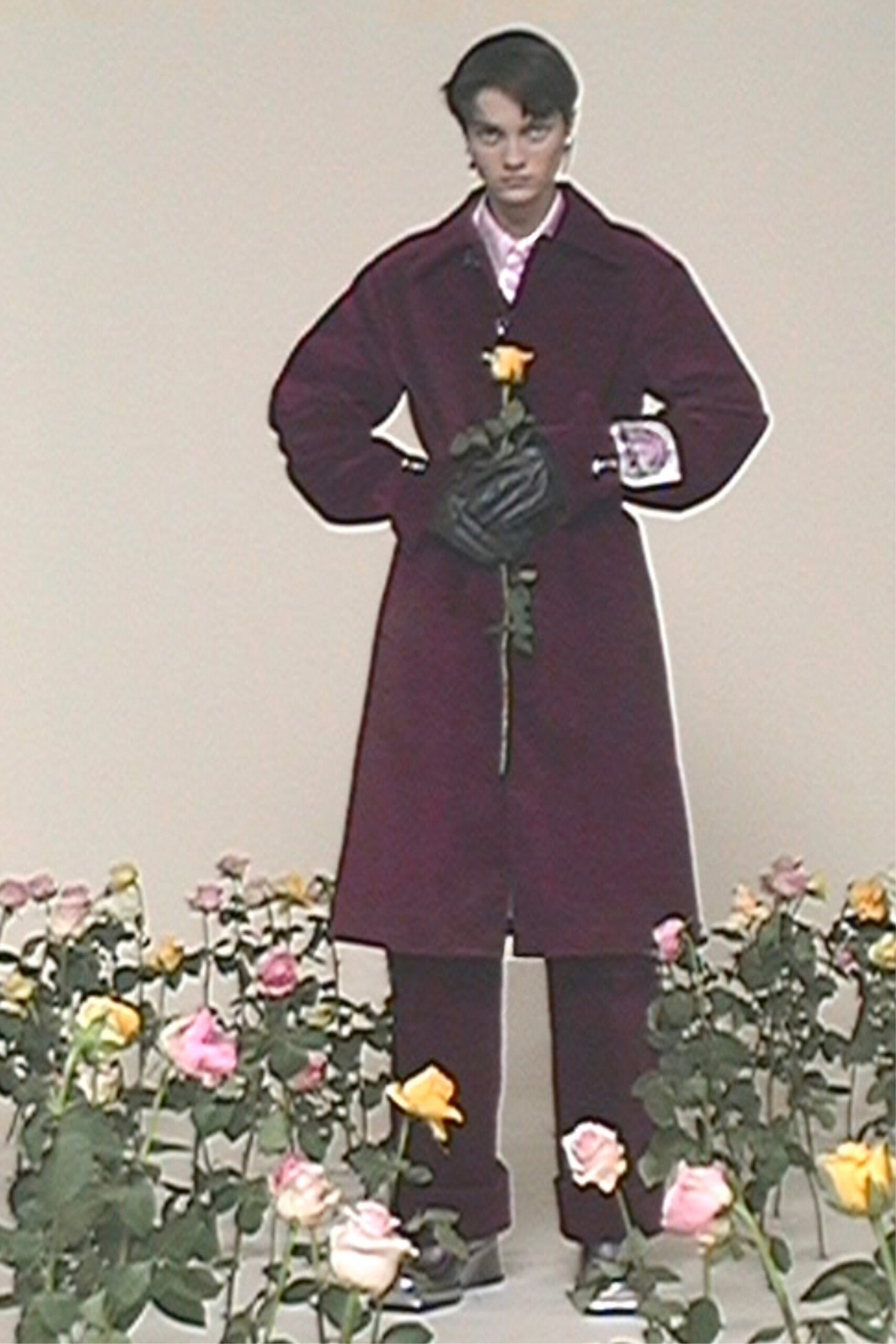 maroon wool coat and tailored pants