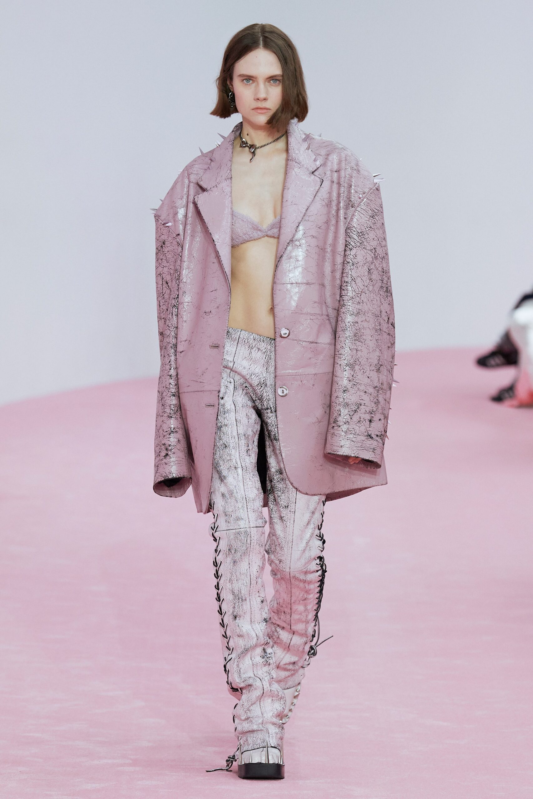 pink vinyl long-sleeve collared oversized zippered shiny jacket