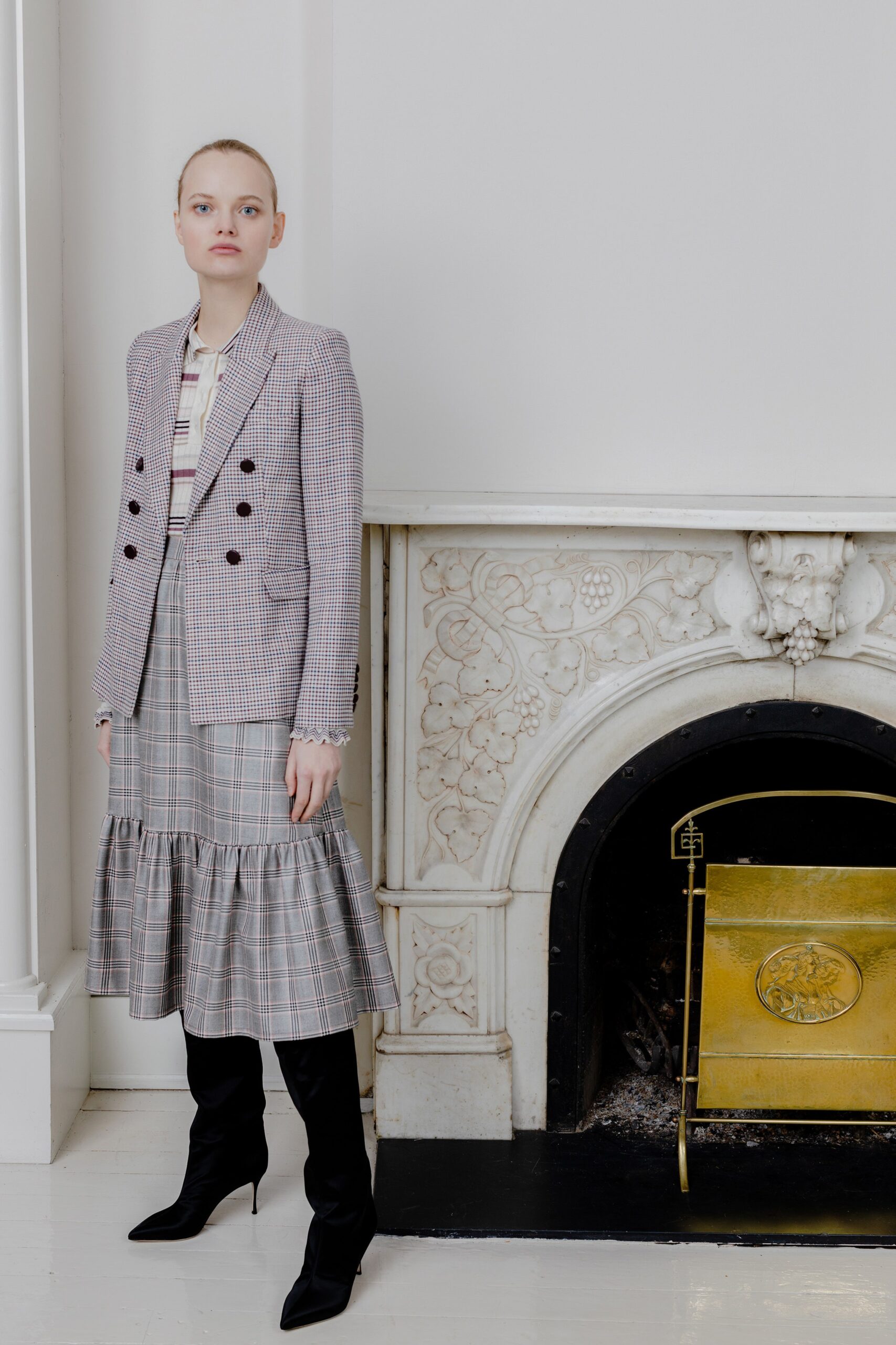 gray tailored blazer with tiered skirt